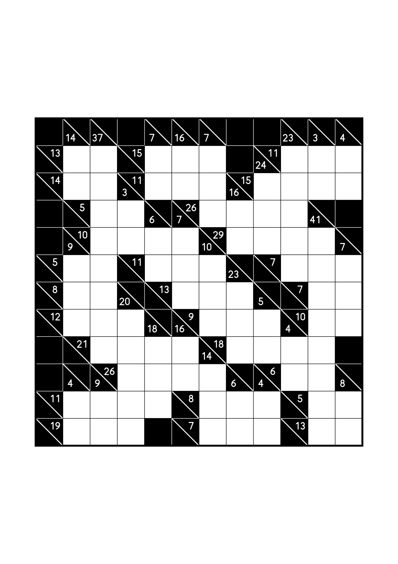 Medium 12x12 kakuro, where the digits of each combination must find their cells, one large grid on the page. Level: Medium. Variant 4.
