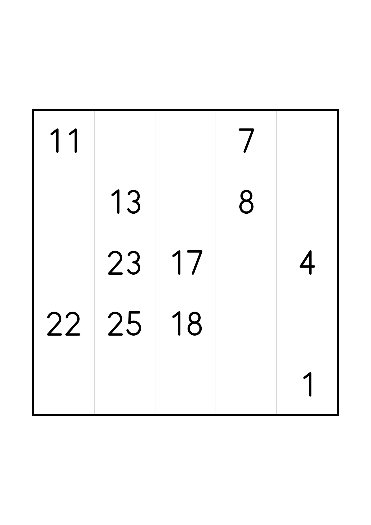 Medium 5x5 Hidoku, one grid on the page: 11 numbers given, with longer gaps between them. Variant 1.