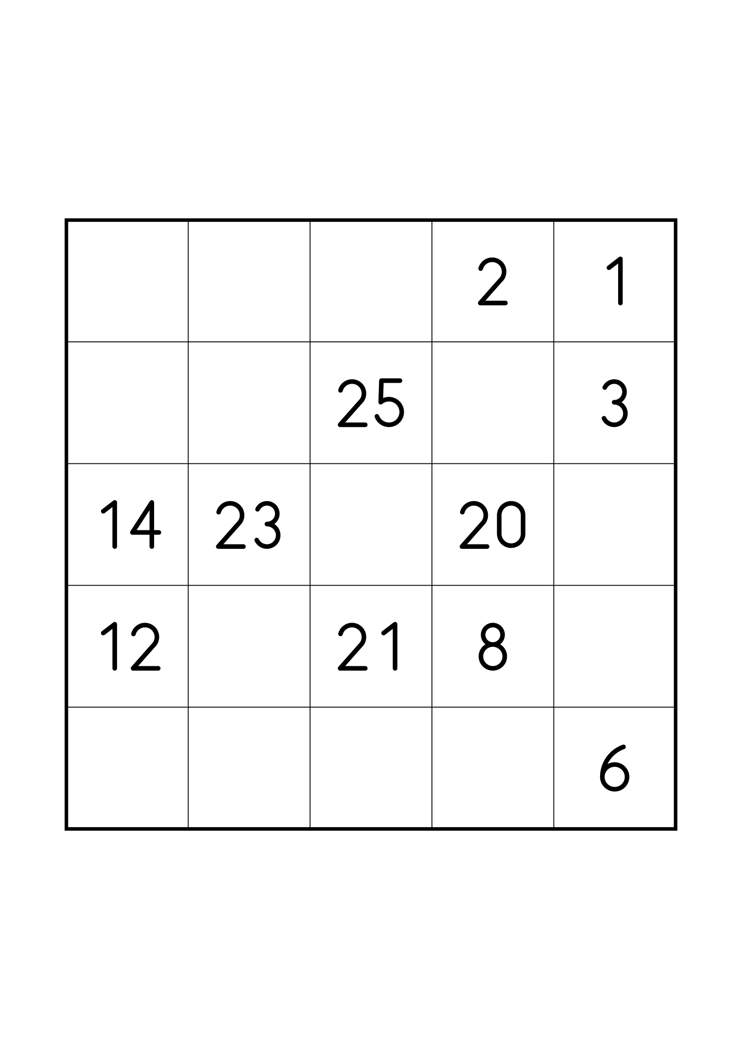 Medium 5x5 Hidoku, one grid on the page: 11 numbers given, with longer gaps between them. Variant 2.