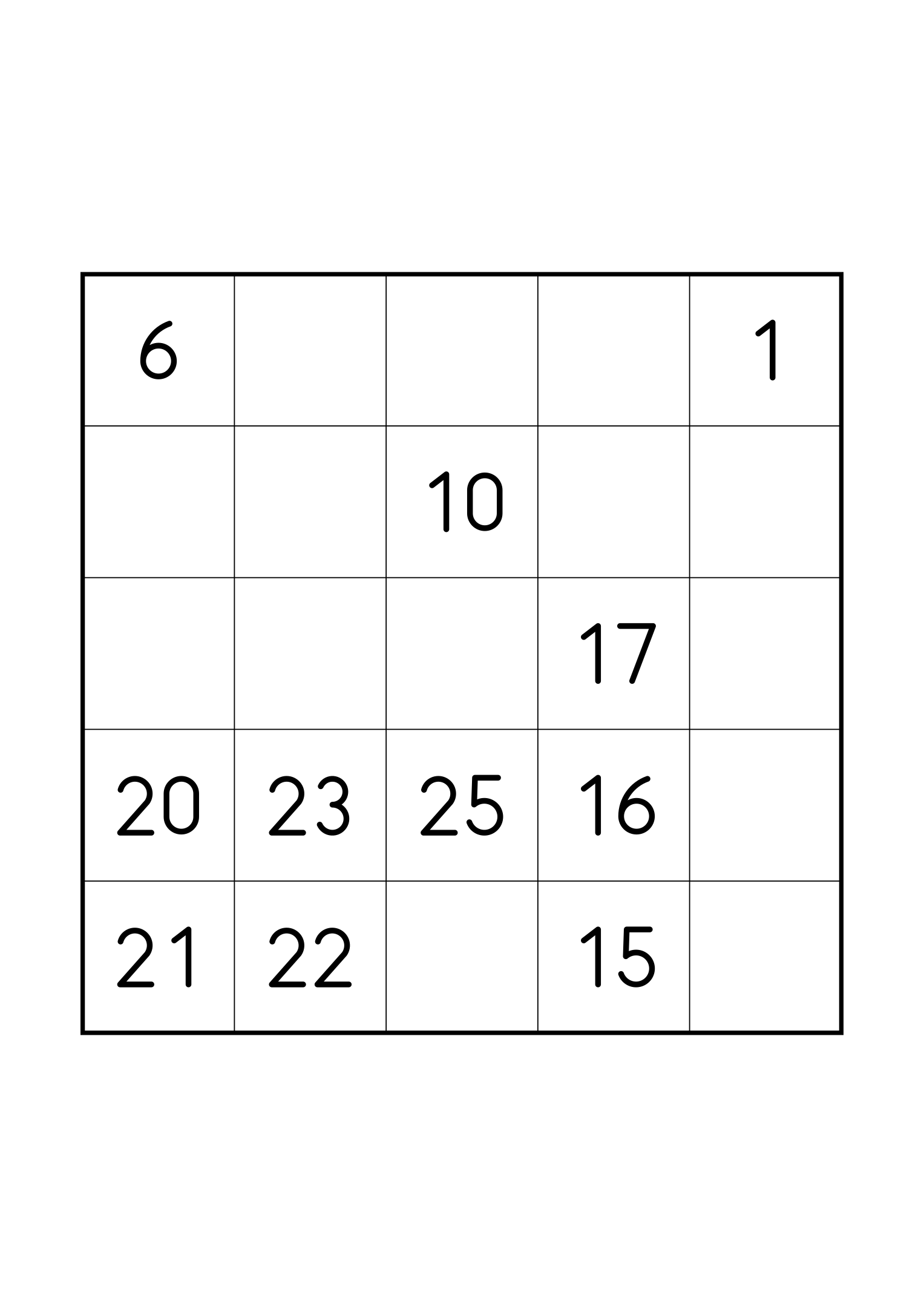Medium 5x5 Hidoku, one grid on the page: 11 numbers given, with longer gaps between them. Variant 3.