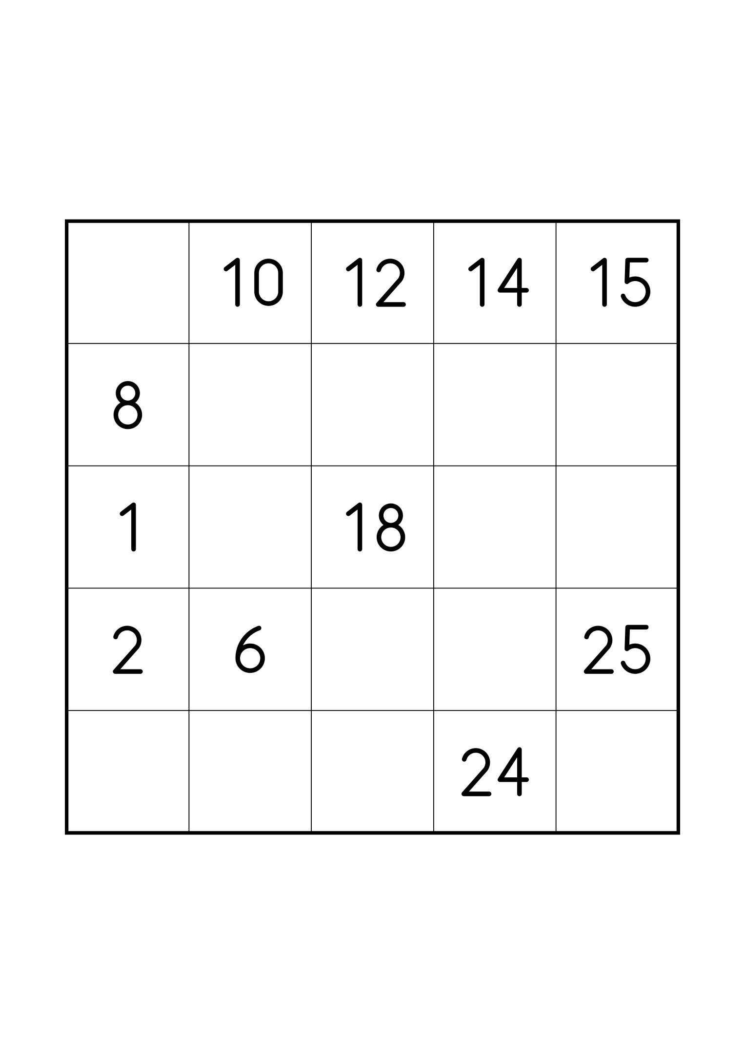 Medium 5x5 Hidoku, one grid on the page: 11 numbers given, with longer gaps between them. Variant 4.