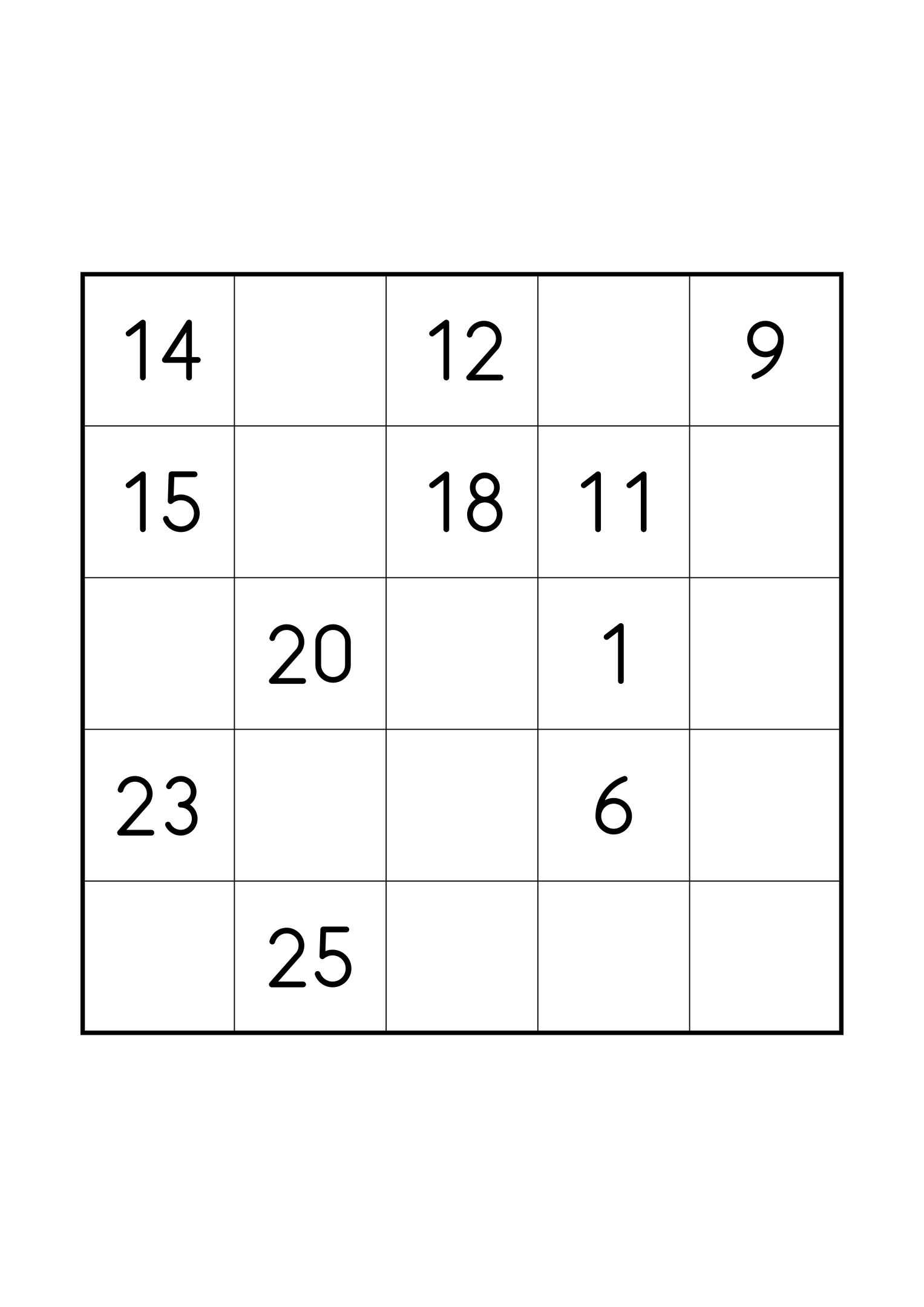 Medium 5x5 Hidoku, one grid on the page: 11 numbers given, with longer gaps between them. Variant 5.