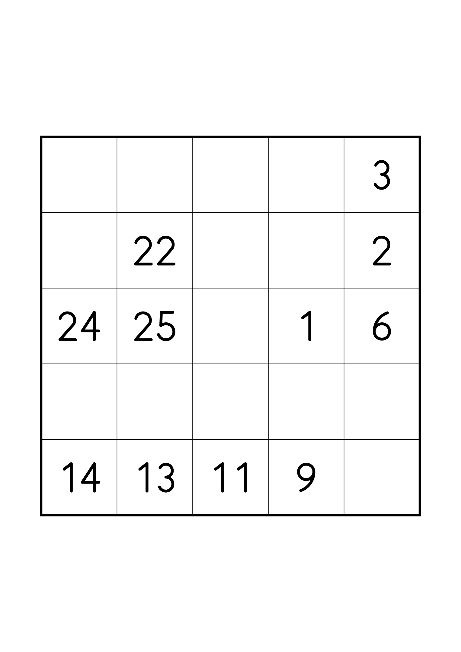 Medium 5x5 Hidoku, one grid on the page: 11 numbers given, with longer gaps between them. Variant 6.