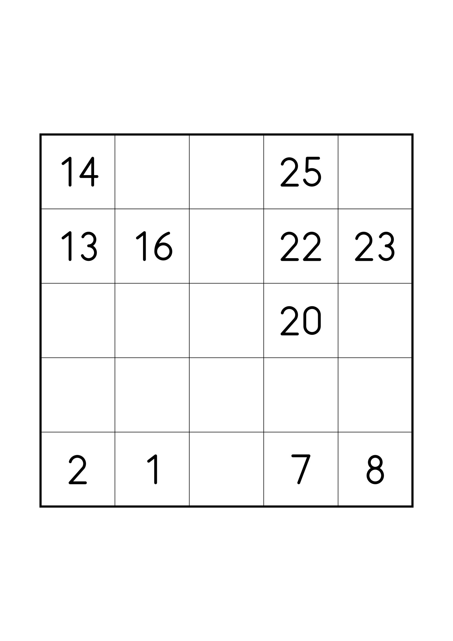 Medium 5x5 Hidoku, one grid on the page: 11 numbers given, with longer gaps between them. Variant 7.