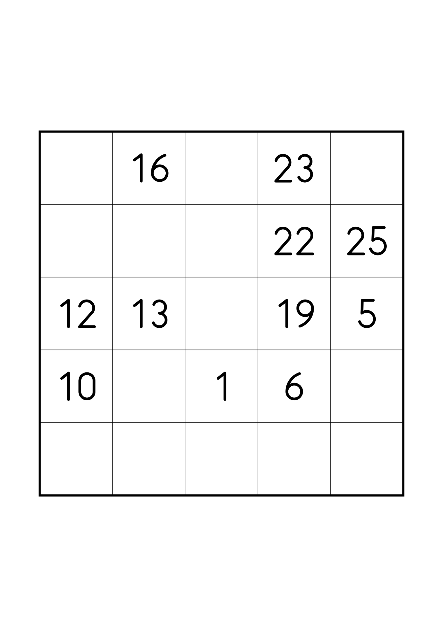 Medium 5x5 Hidoku, one grid on the page: 11 numbers given, with longer gaps between them. Variant 8.