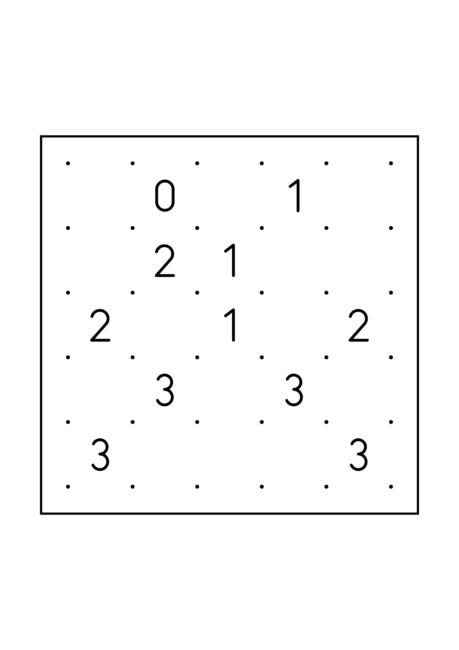 Medium 5x5 slitherlink, where each number is read with its four corners, one large grid on the page. Level: Medium. Variant 6.