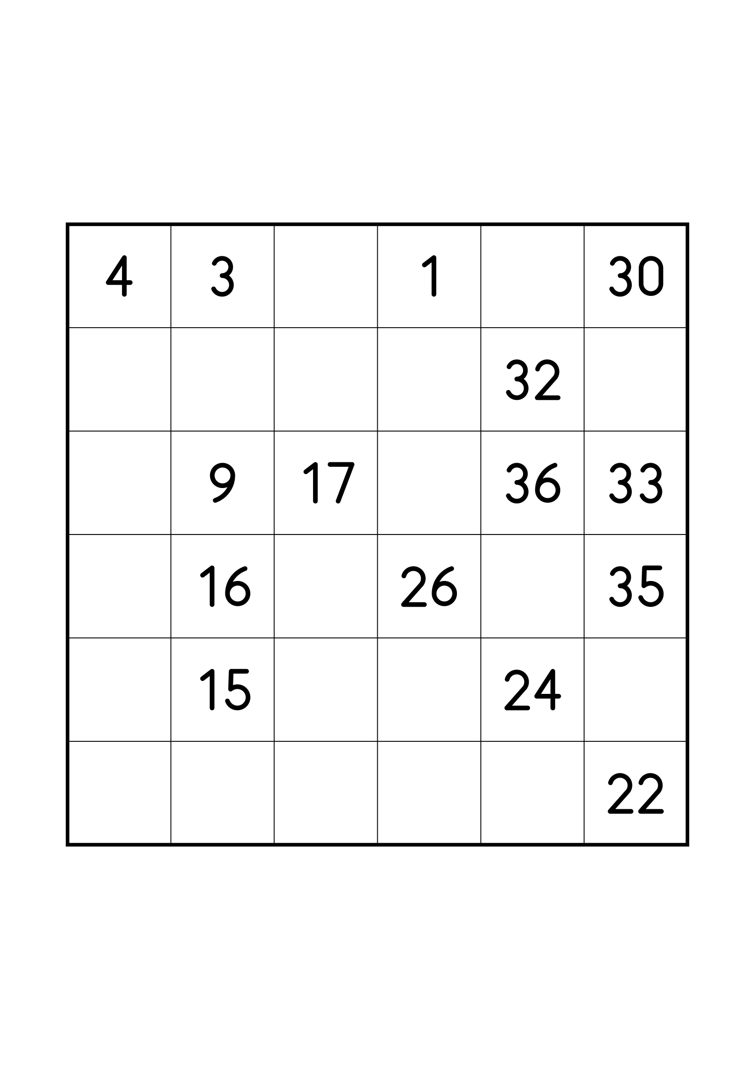 Medium 6x6 Hidoku on its own page: 15 numbers given along the path. Variant 1.