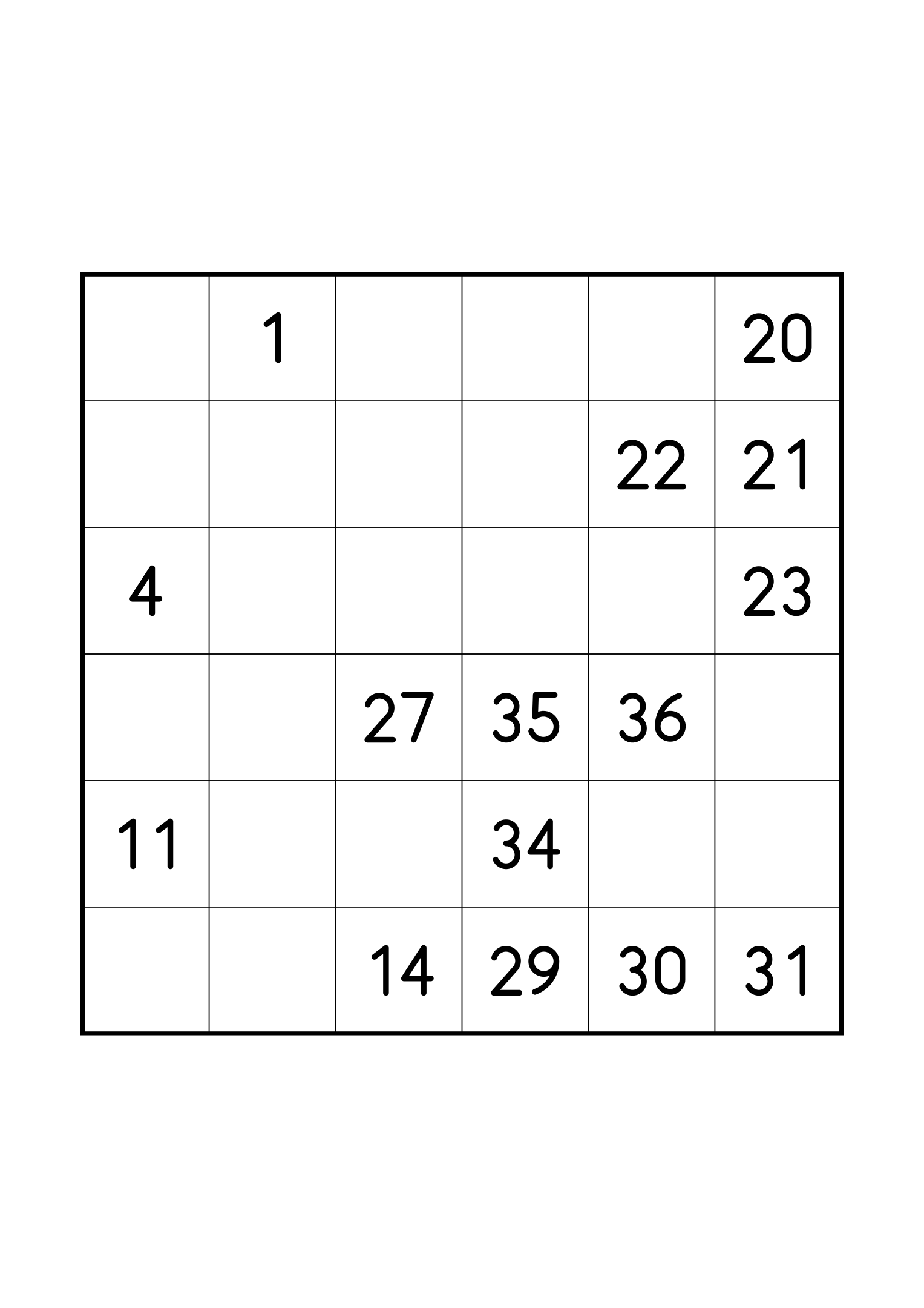 Medium 6x6 Hidoku on its own page: 15 numbers given along the path. Variant 2.