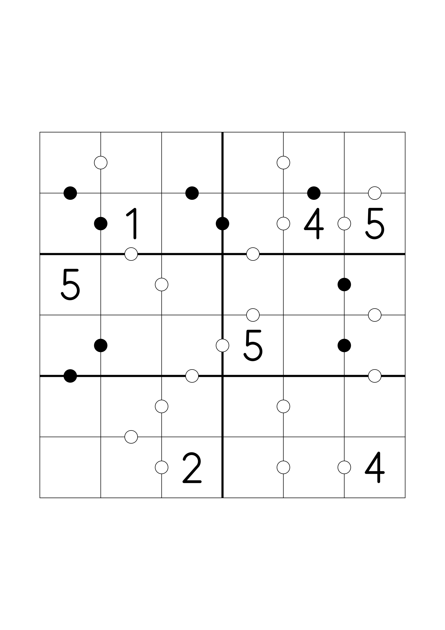 Medium 6x6 Kropki, seven digits given and more weight on the dots. Variant 1.