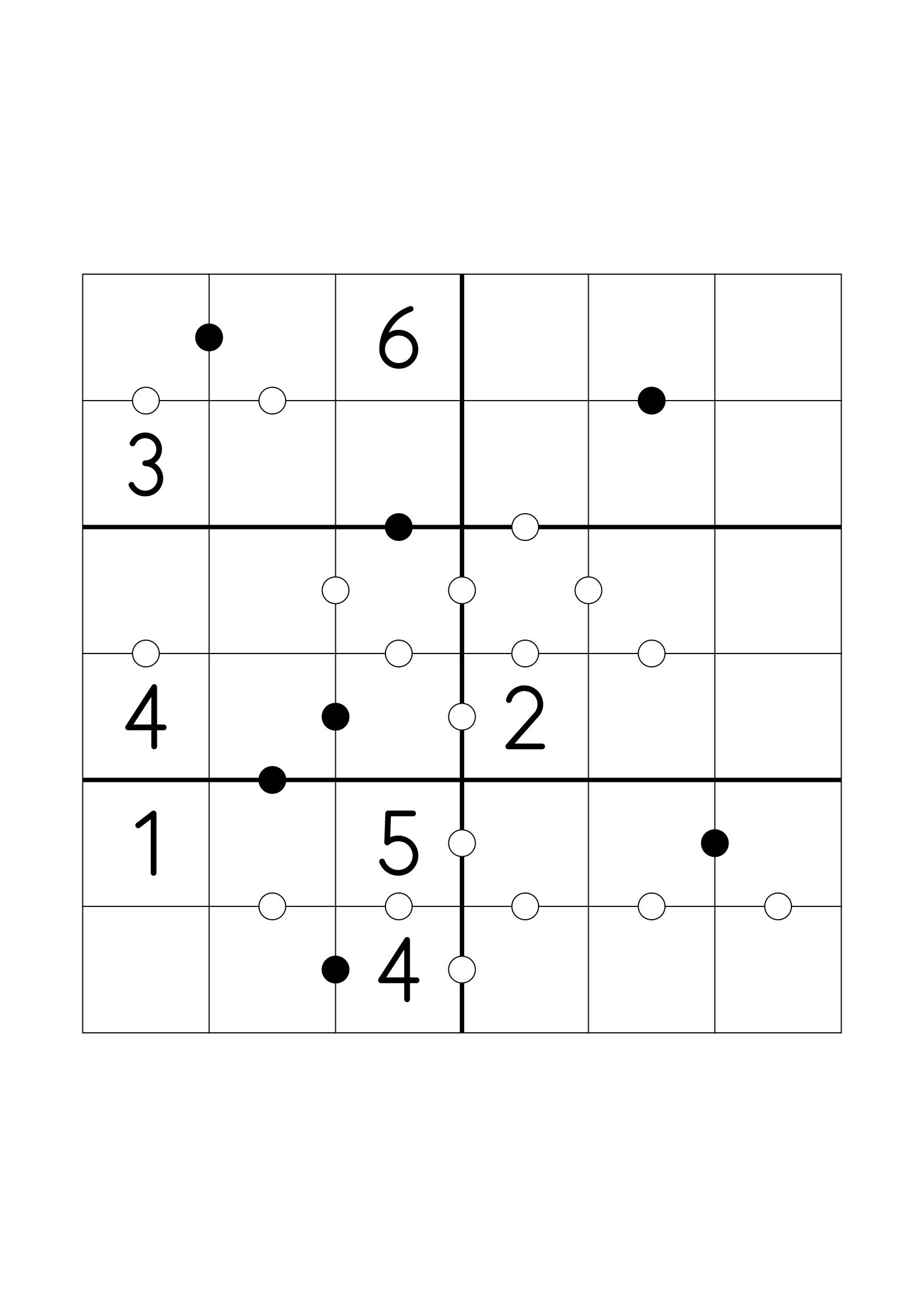 Medium 6x6 Kropki, seven digits given and more weight on the dots. Variant 2.
