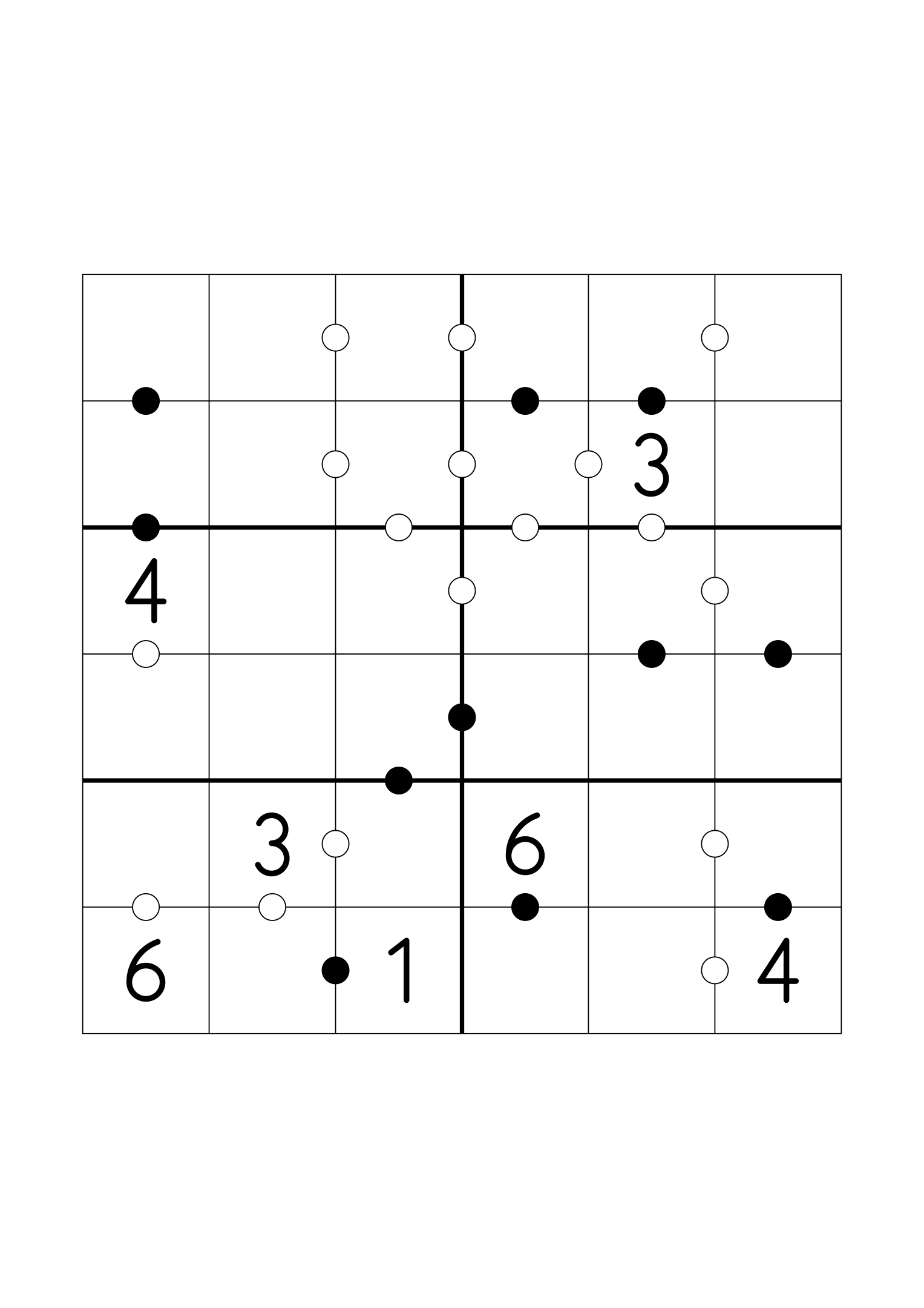 Medium 6x6 Kropki, seven digits given and more weight on the dots. Variant 3.