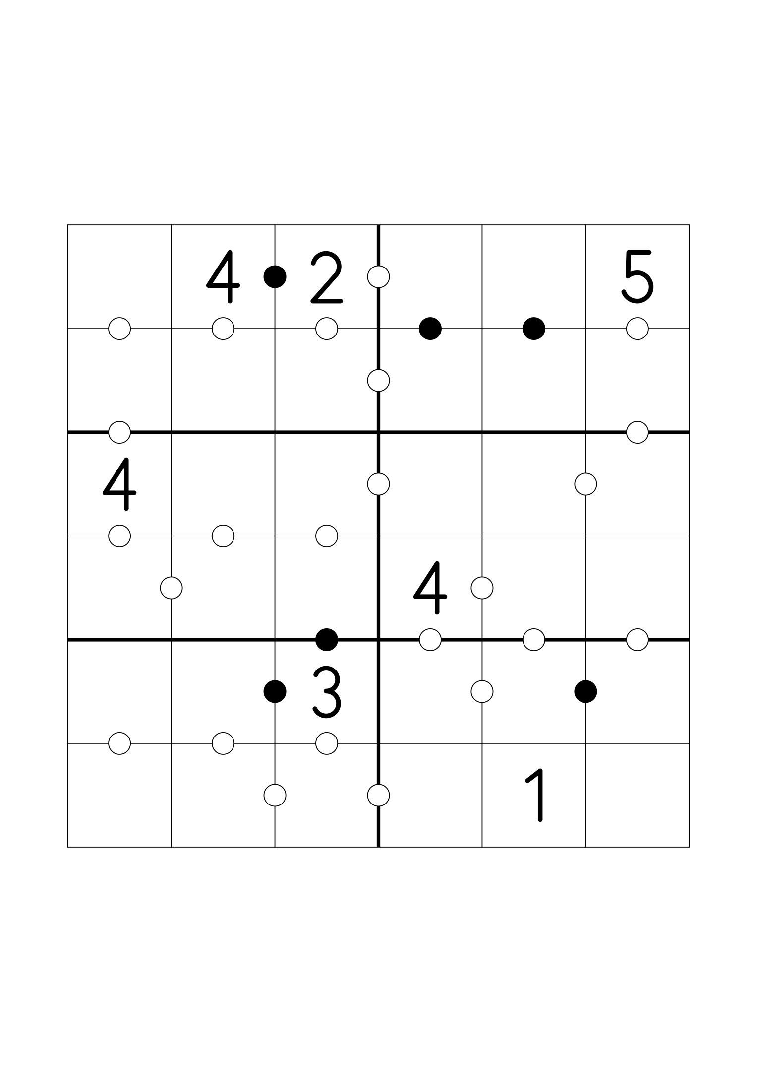 Medium 6x6 Kropki, seven digits given and more weight on the dots. Variant 4.