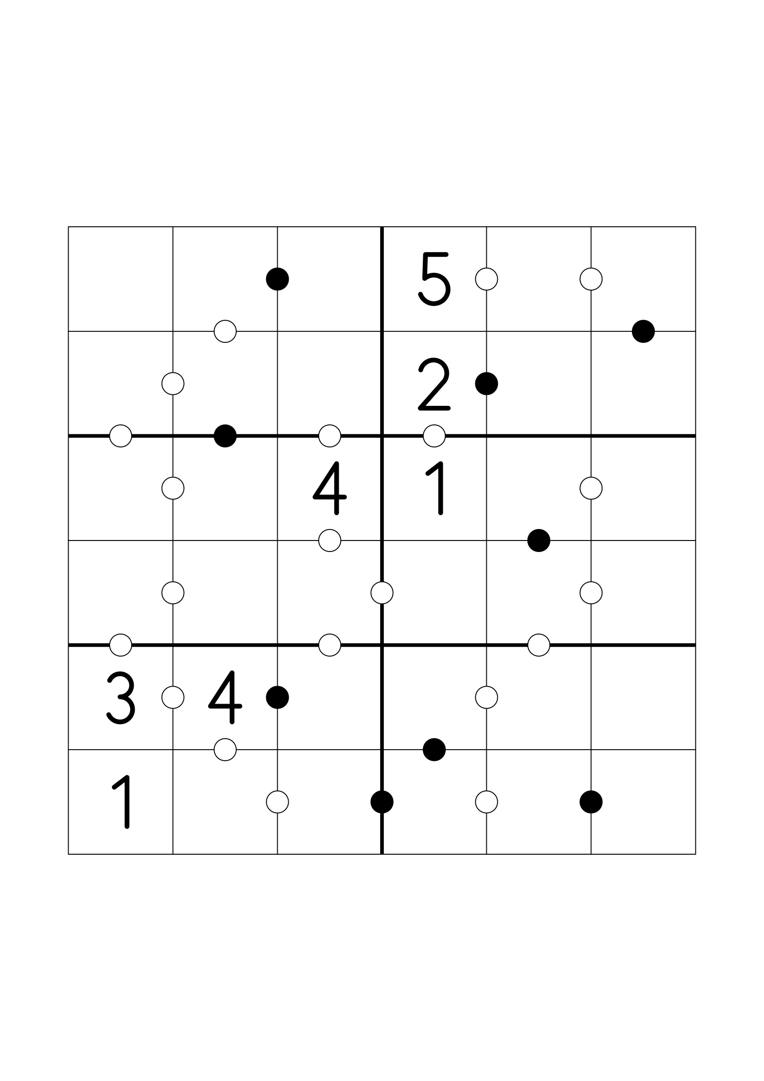 Medium 6x6 Kropki, seven digits given and more weight on the dots. Variant 5.
