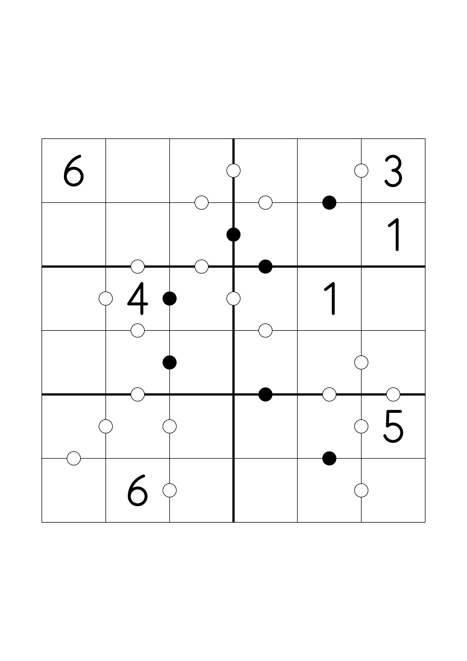 Medium 6x6 Kropki, seven digits given and more weight on the dots. Variant 6.