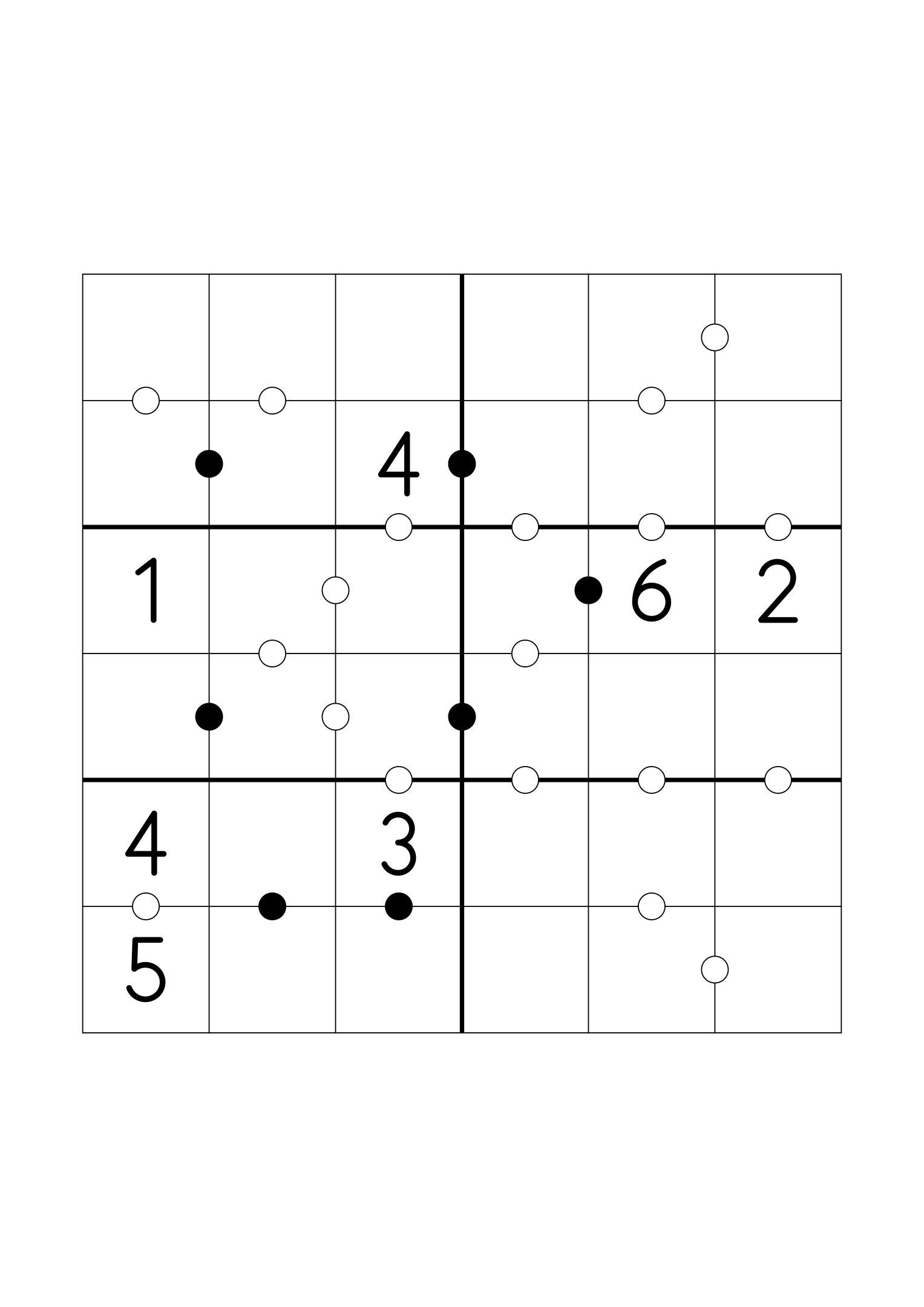 Medium 6x6 Kropki, seven digits given and more weight on the dots. Variant 7.
