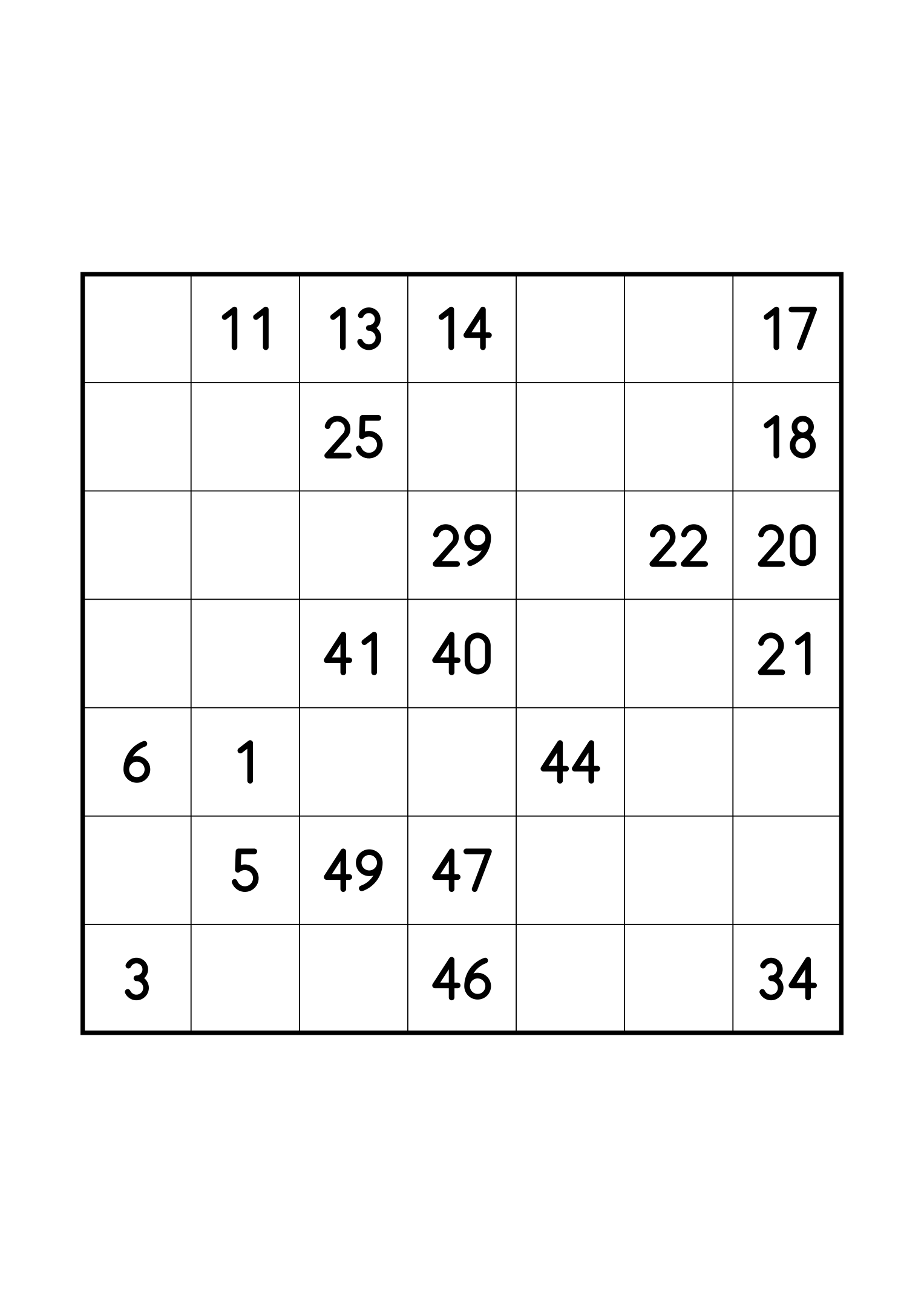 Medium 7x7 Hidoku, one per page: 21 numbers given out of 49. Variant 1.