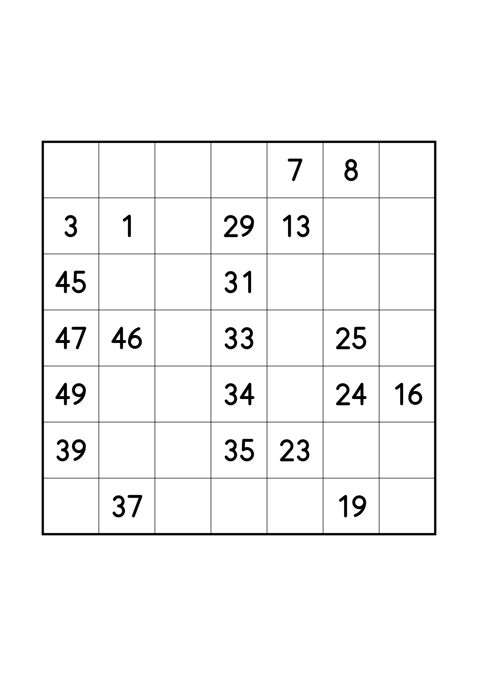 Medium 7x7 Hidoku, one per page: 21 numbers given out of 49. Variant 2.