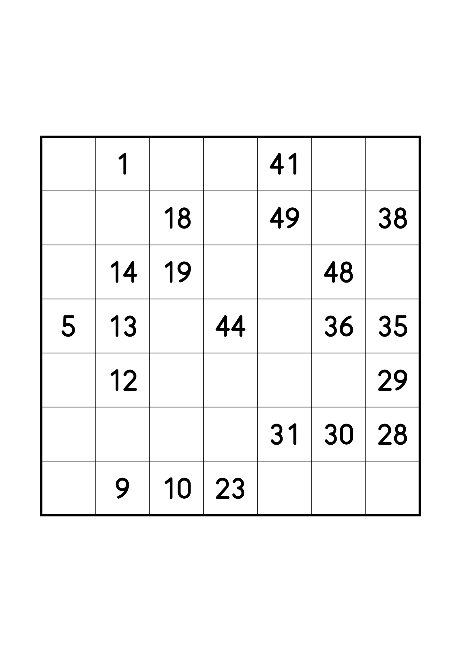 Medium 7x7 Hidoku, one per page: 21 numbers given out of 49. Variant 3.