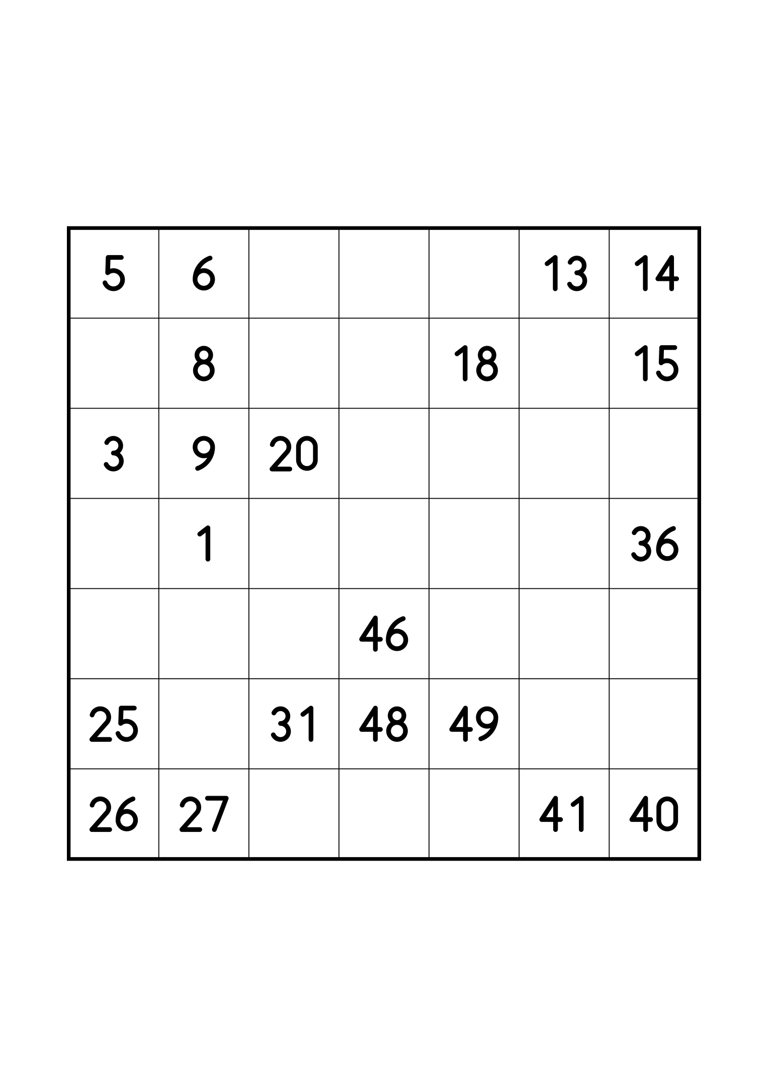 Medium 7x7 Hidoku, one per page: 21 numbers given out of 49. Variant 4.