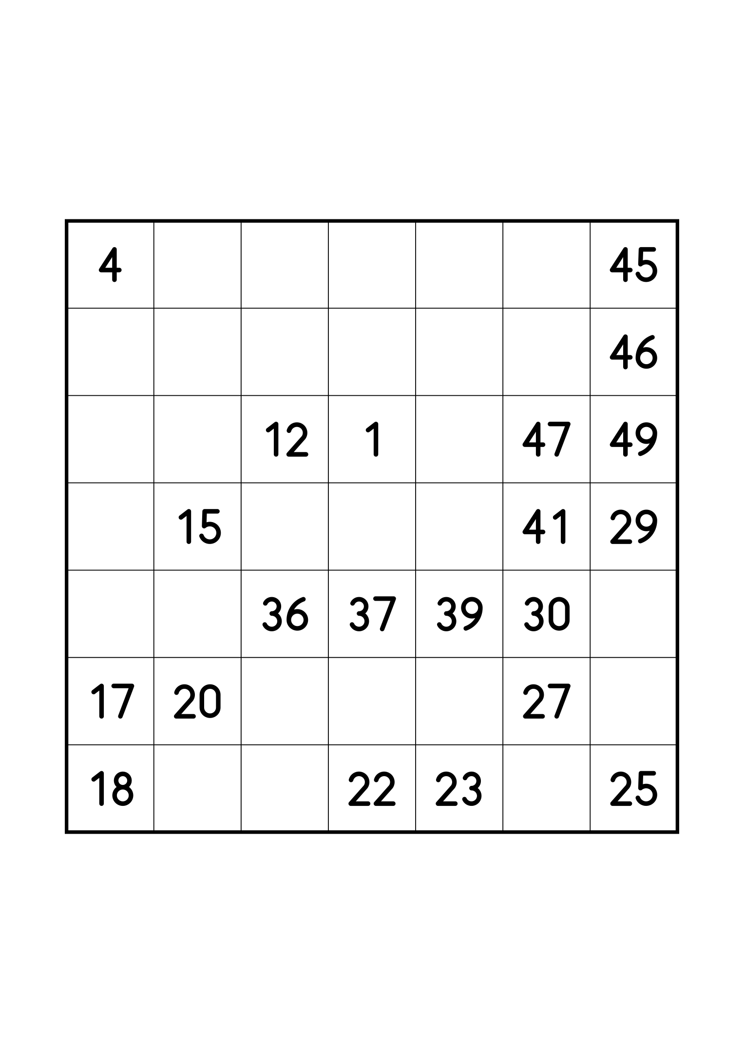 Medium 7x7 Hidoku, one per page: 21 numbers given out of 49. Variant 5.
