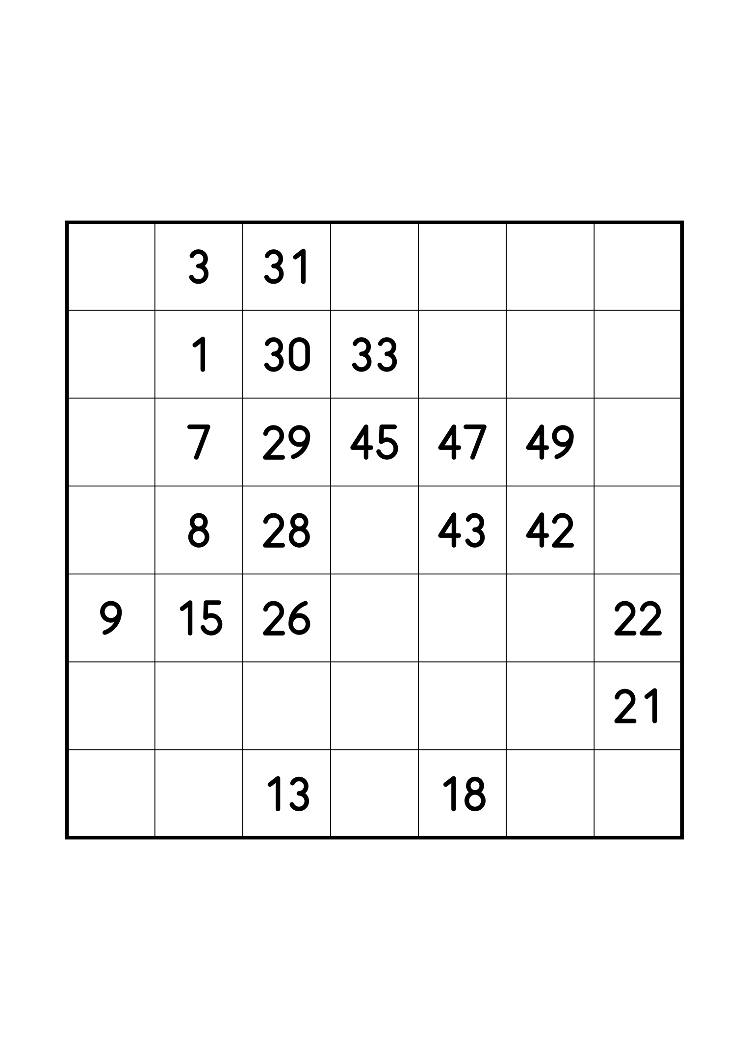 Medium 7x7 Hidoku, one per page: 21 numbers given out of 49. Variant 6.