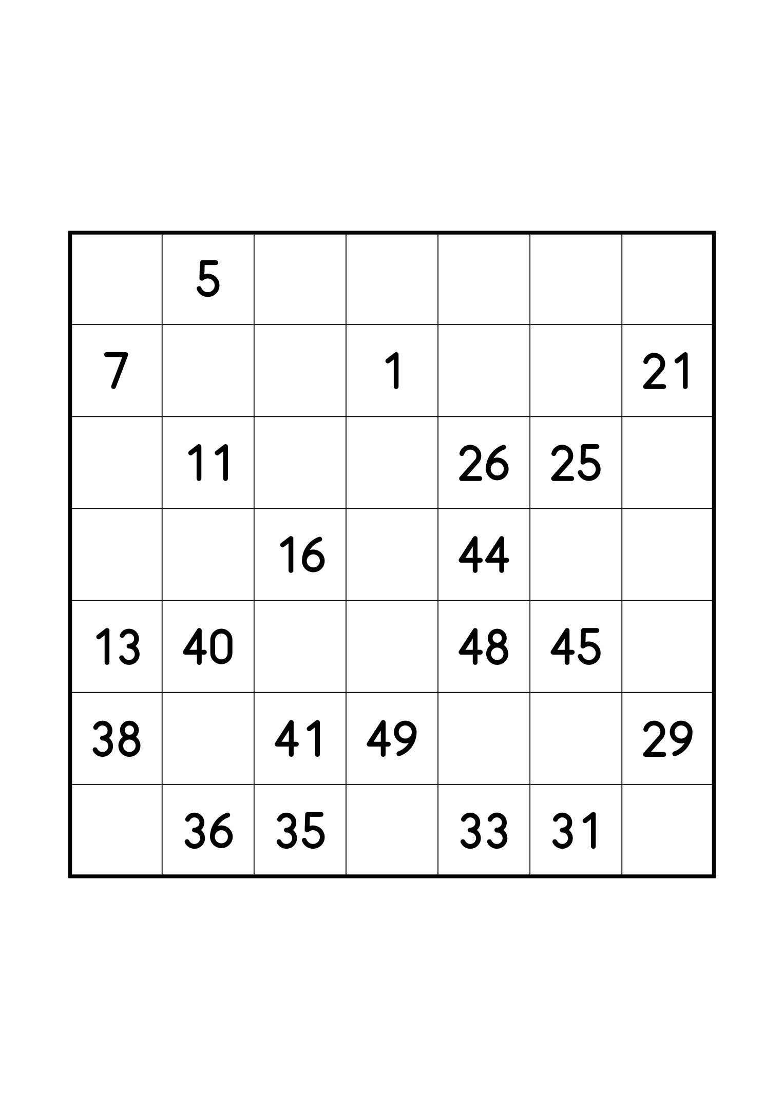 Medium 7x7 Hidoku, one per page: 21 numbers given out of 49. Variant 7.