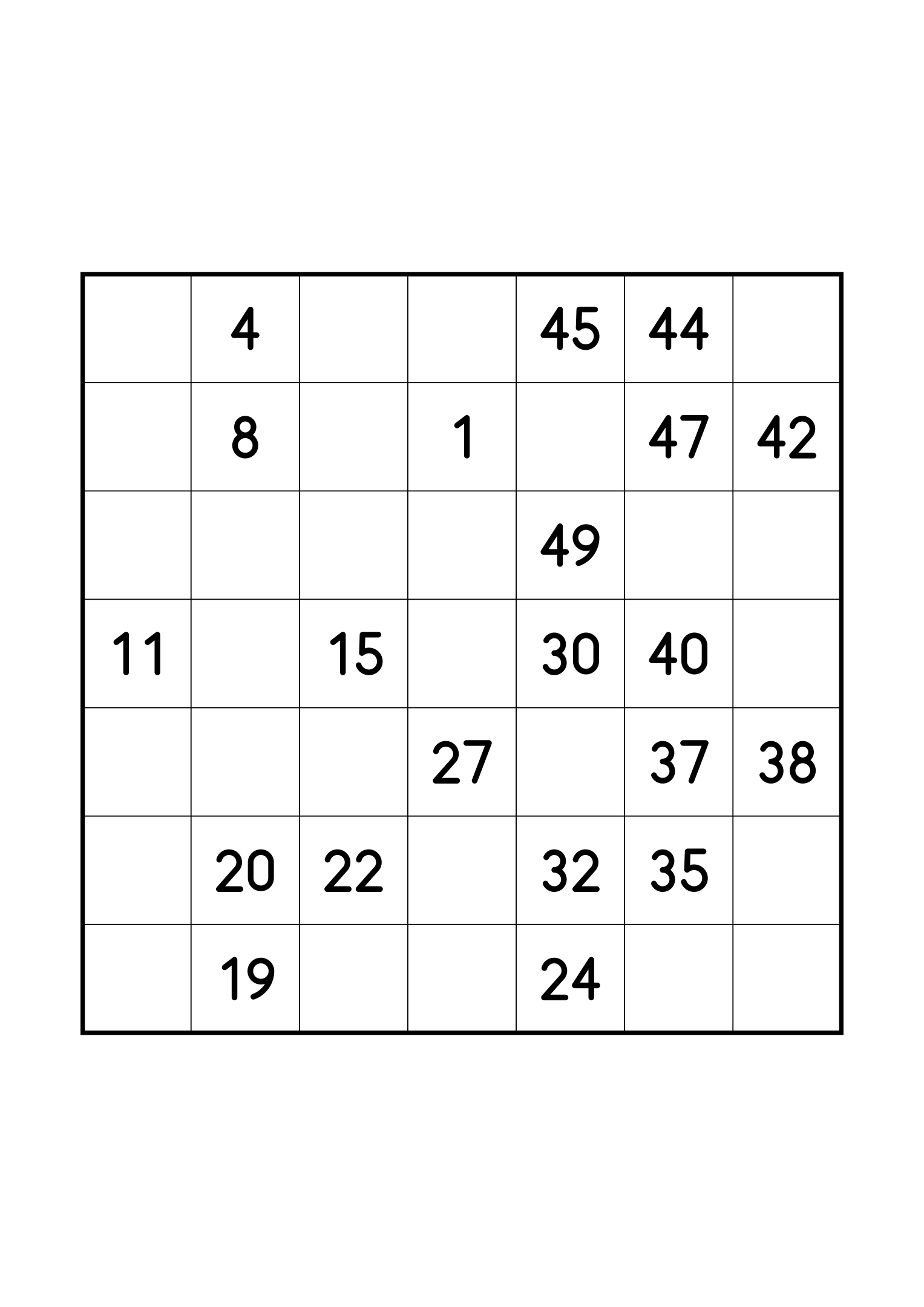 Medium 7x7 Hidoku, one per page: 21 numbers given out of 49. Variant 8.