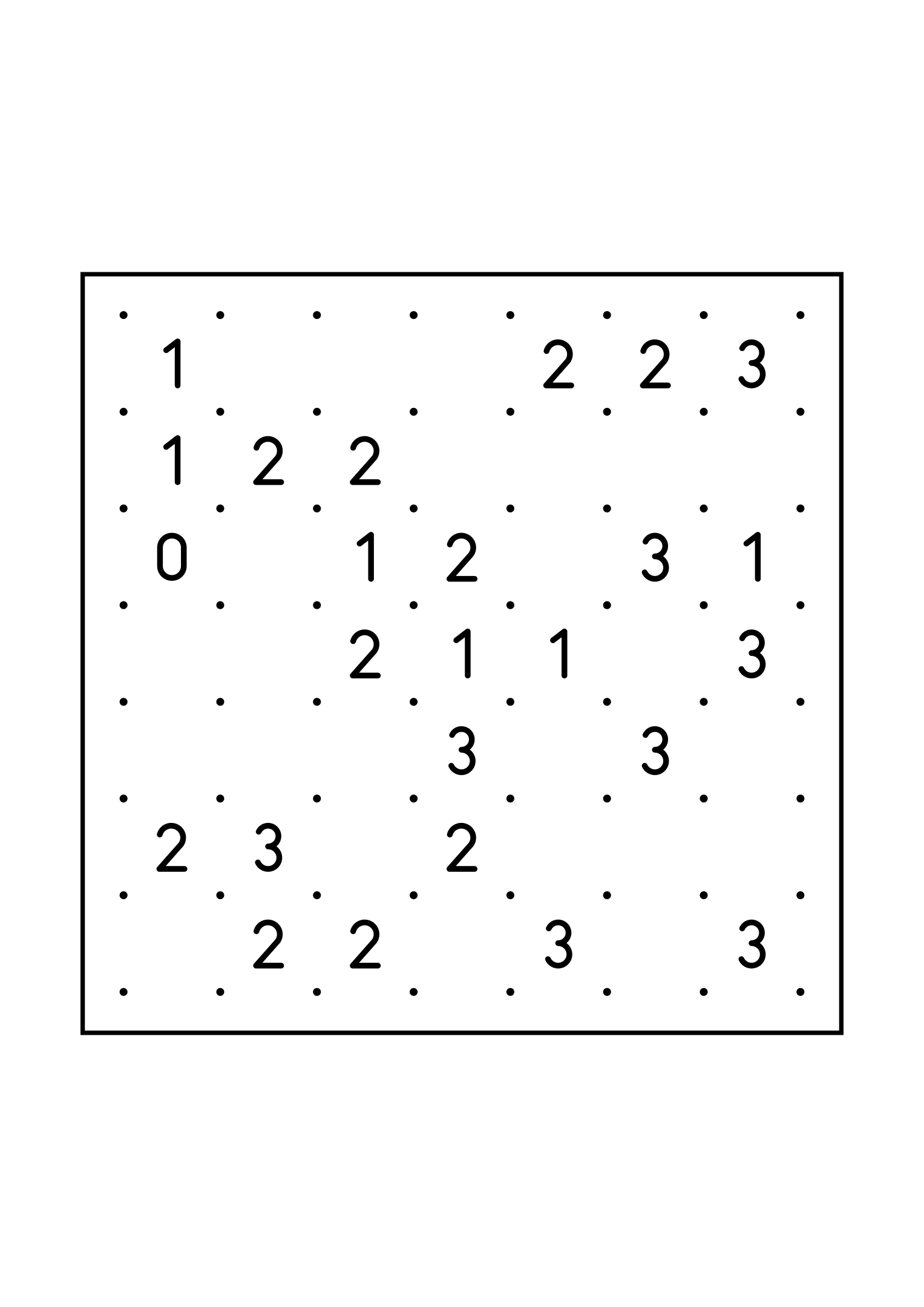 Medium 7x7 slitherlink, where each number is read with its four corners, one large grid on the page. Level: Medium. Variant 3.