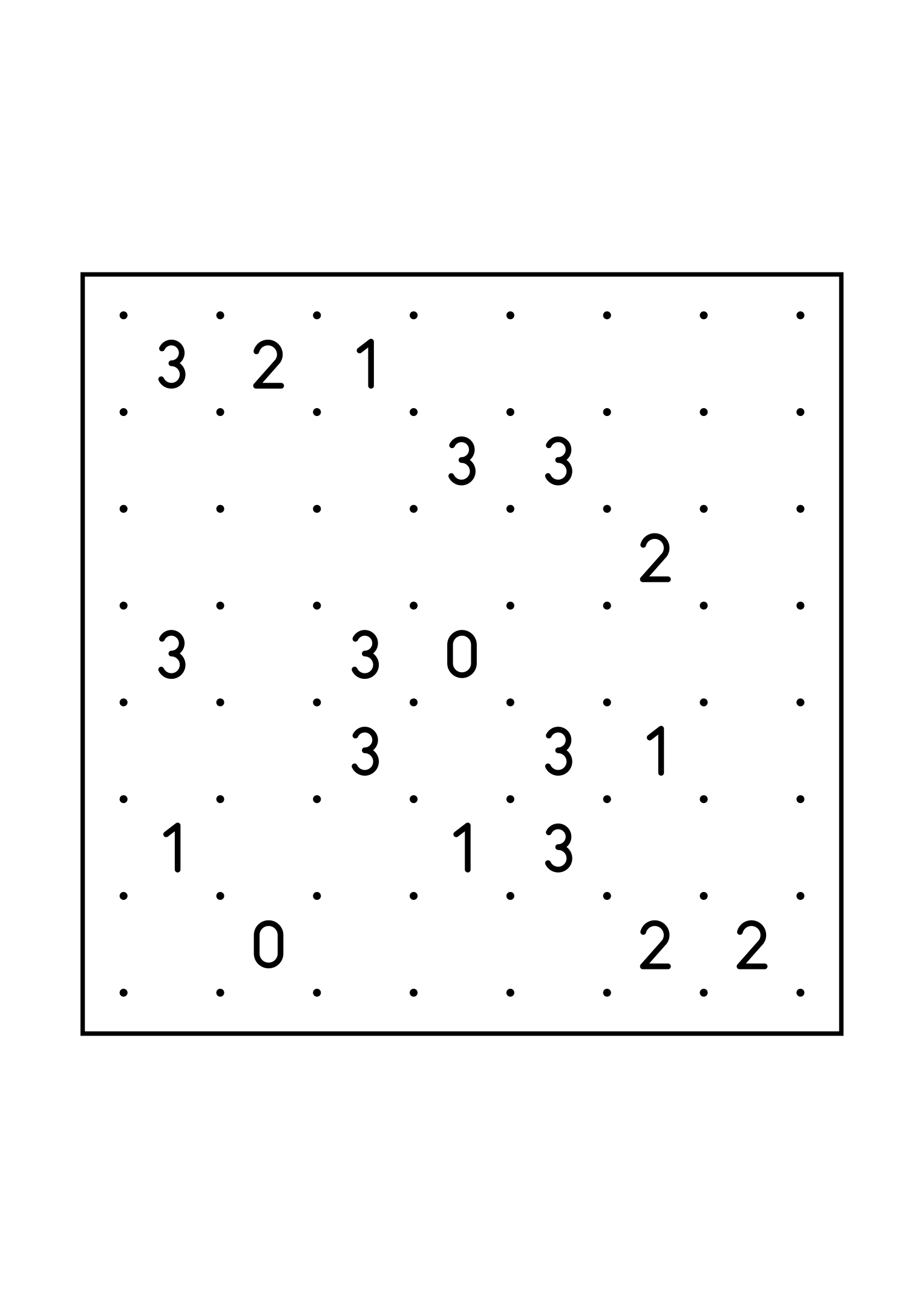 Medium 7x7 slitherlink, where each number is read with its four corners, one large grid on the page. Level: Medium. Variant 4.