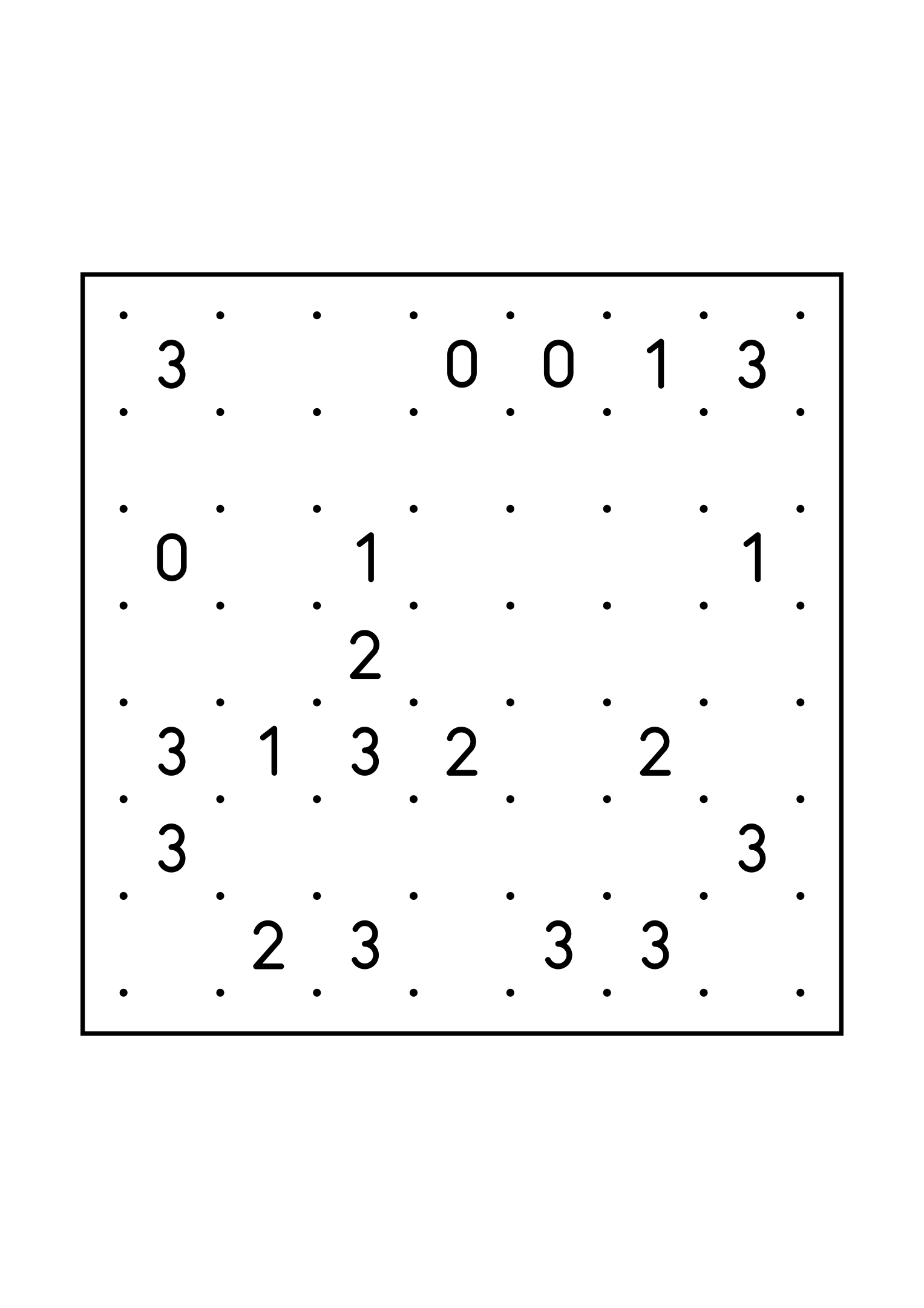 Medium 7x7 slitherlink, where each number is read with its four corners, one large grid on the page. Level: Medium. Variant 8.