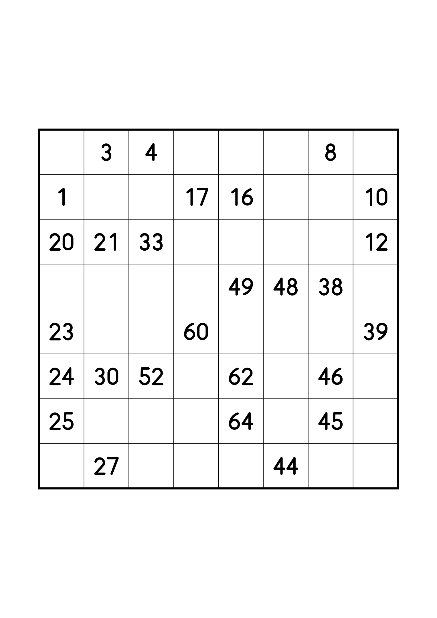 Medium 8x8 Hidoku alone on its page: 27 numbers given out of 64. Variant 1.