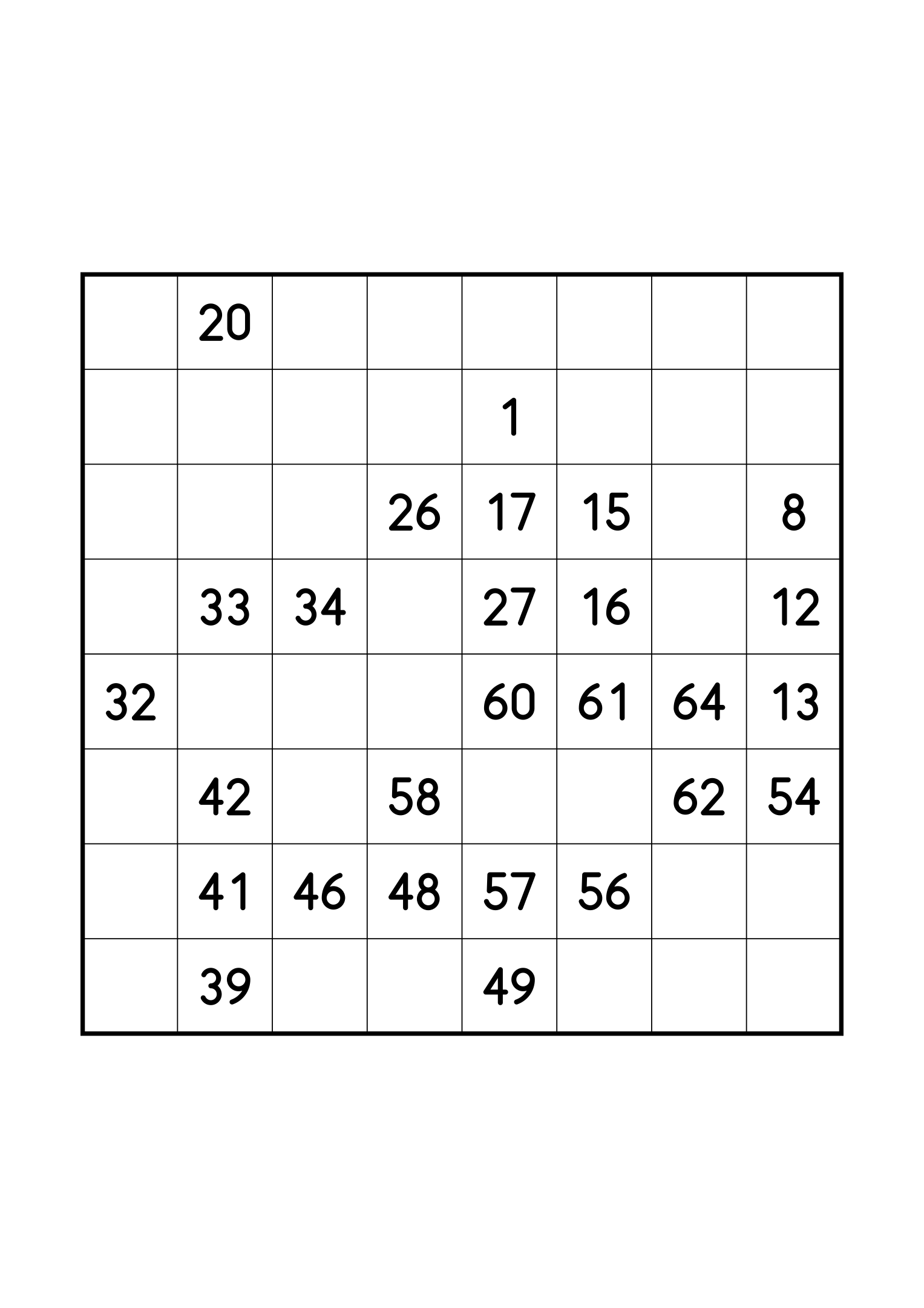 Medium 8x8 Hidoku alone on its page: 27 numbers given out of 64. Variant 2.