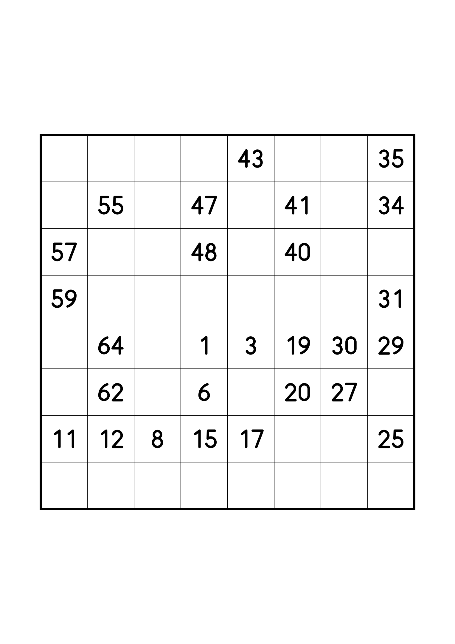 Medium 8x8 Hidoku alone on its page: 27 numbers given out of 64. Variant 3.