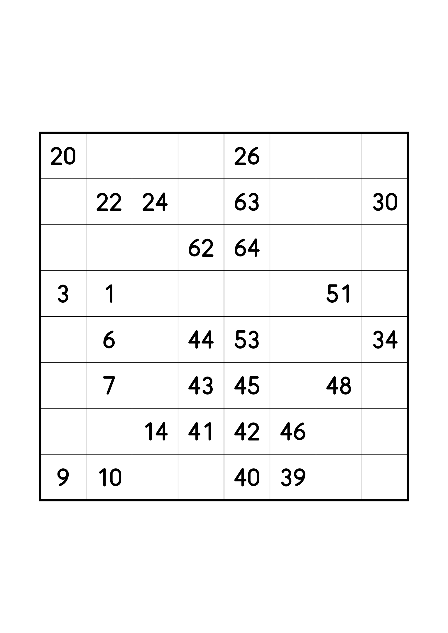 Medium 8x8 Hidoku alone on its page: 27 numbers given out of 64. Variant 6.