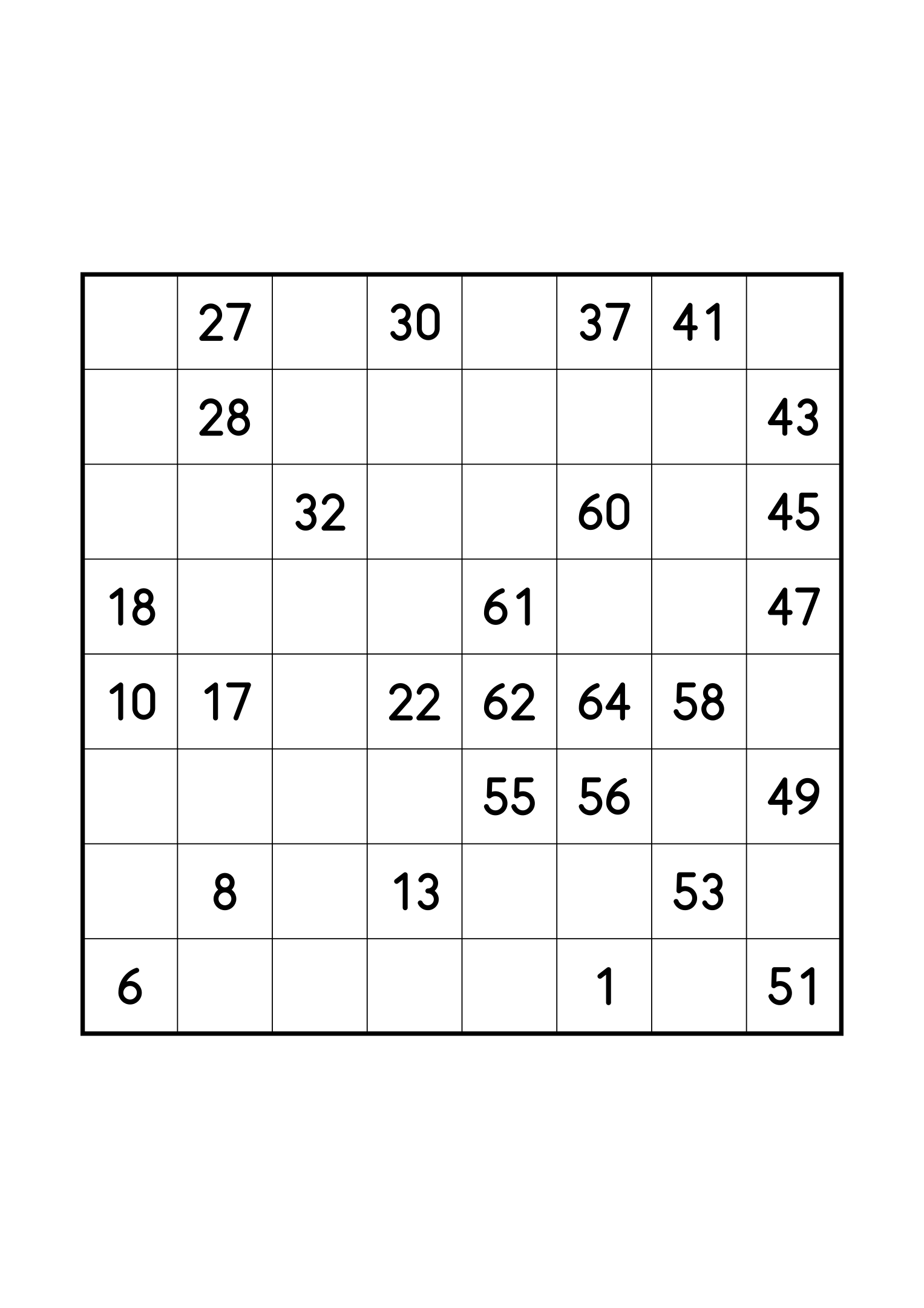 Medium 8x8 Hidoku alone on its page: 27 numbers given out of 64. Variant 7.