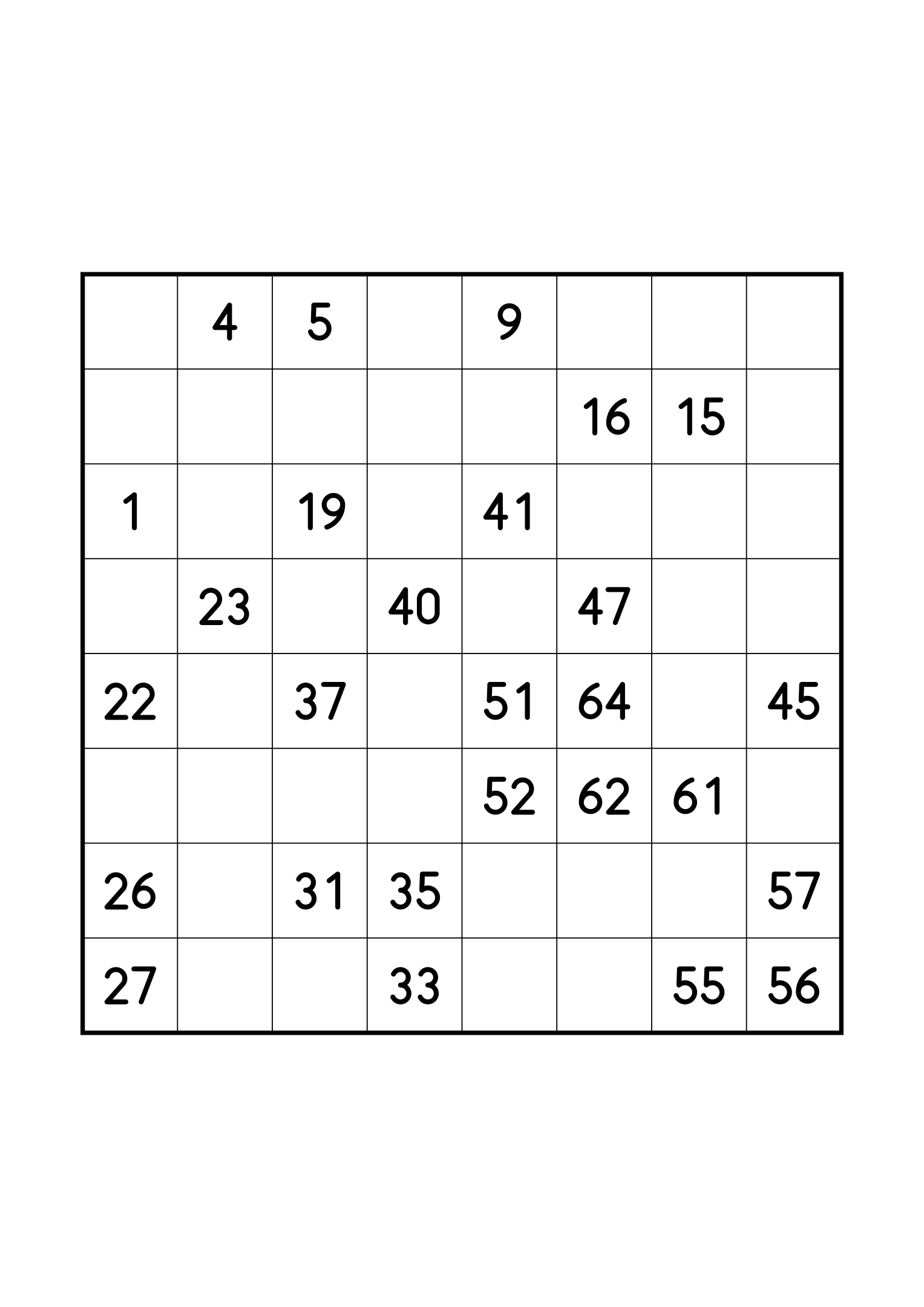 Medium 8x8 Hidoku alone on its page: 27 numbers given out of 64. Variant 8.