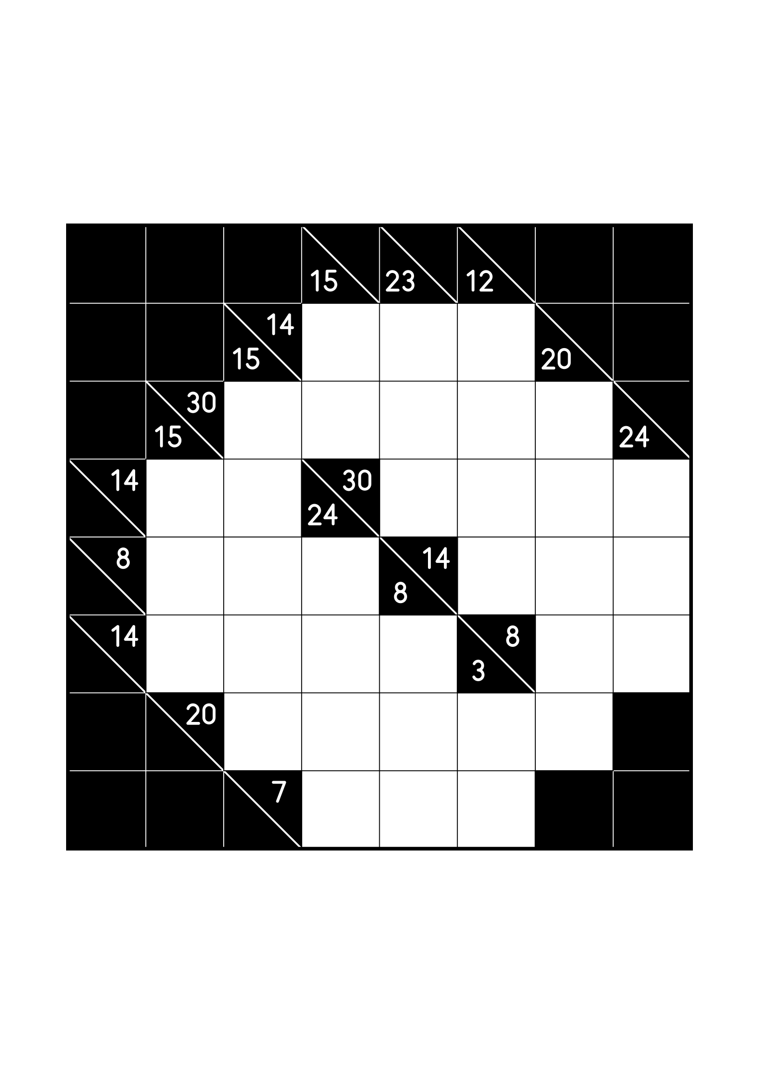 Medium 8x8 kakuro, where the digits of each combination must find their cells, one large grid on the page. Level: Medium. Variant 1.