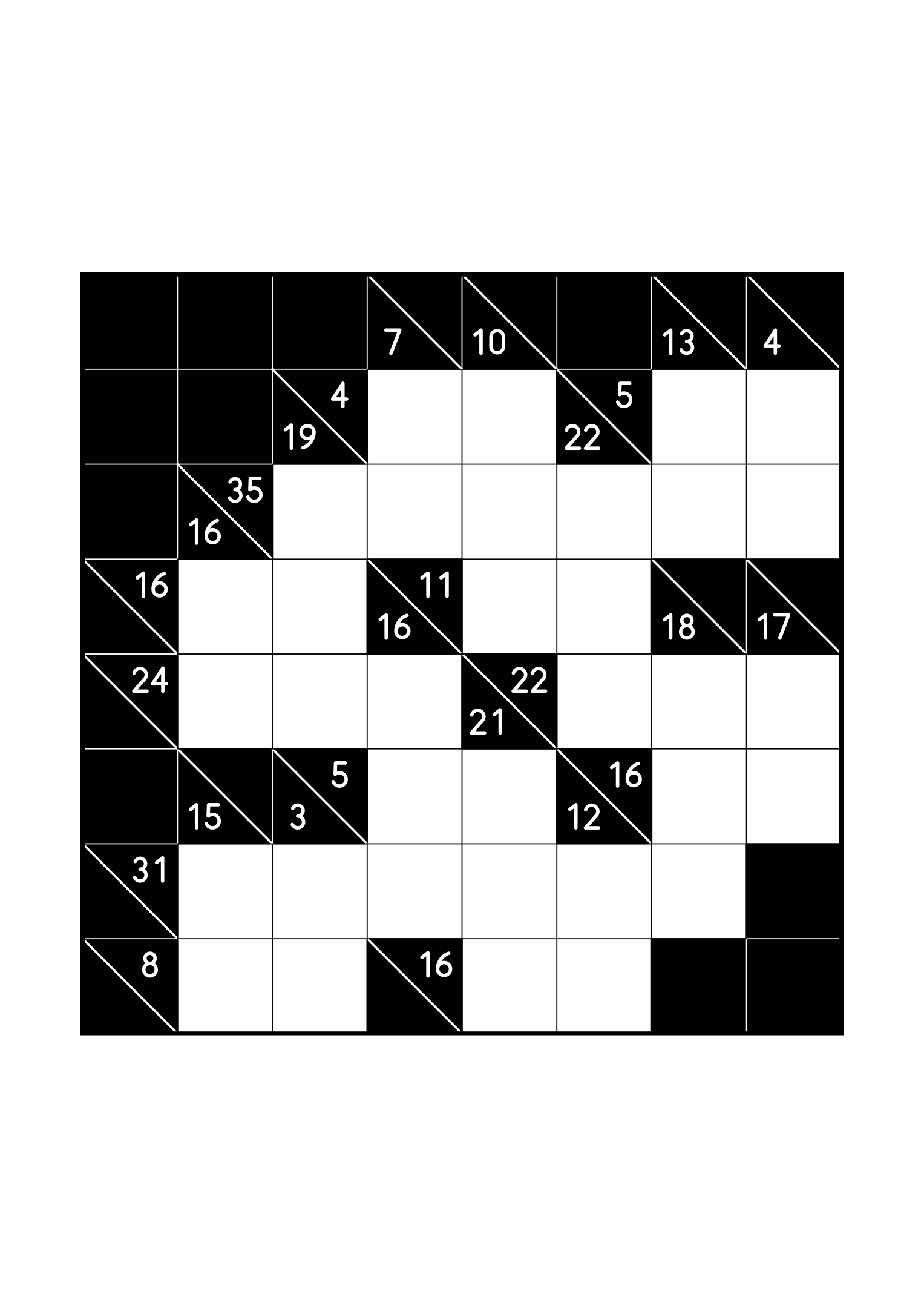 Medium 8x8 kakuro, where the digits of each combination must find their cells, one large grid on the page. Level: Medium. Variant 8.