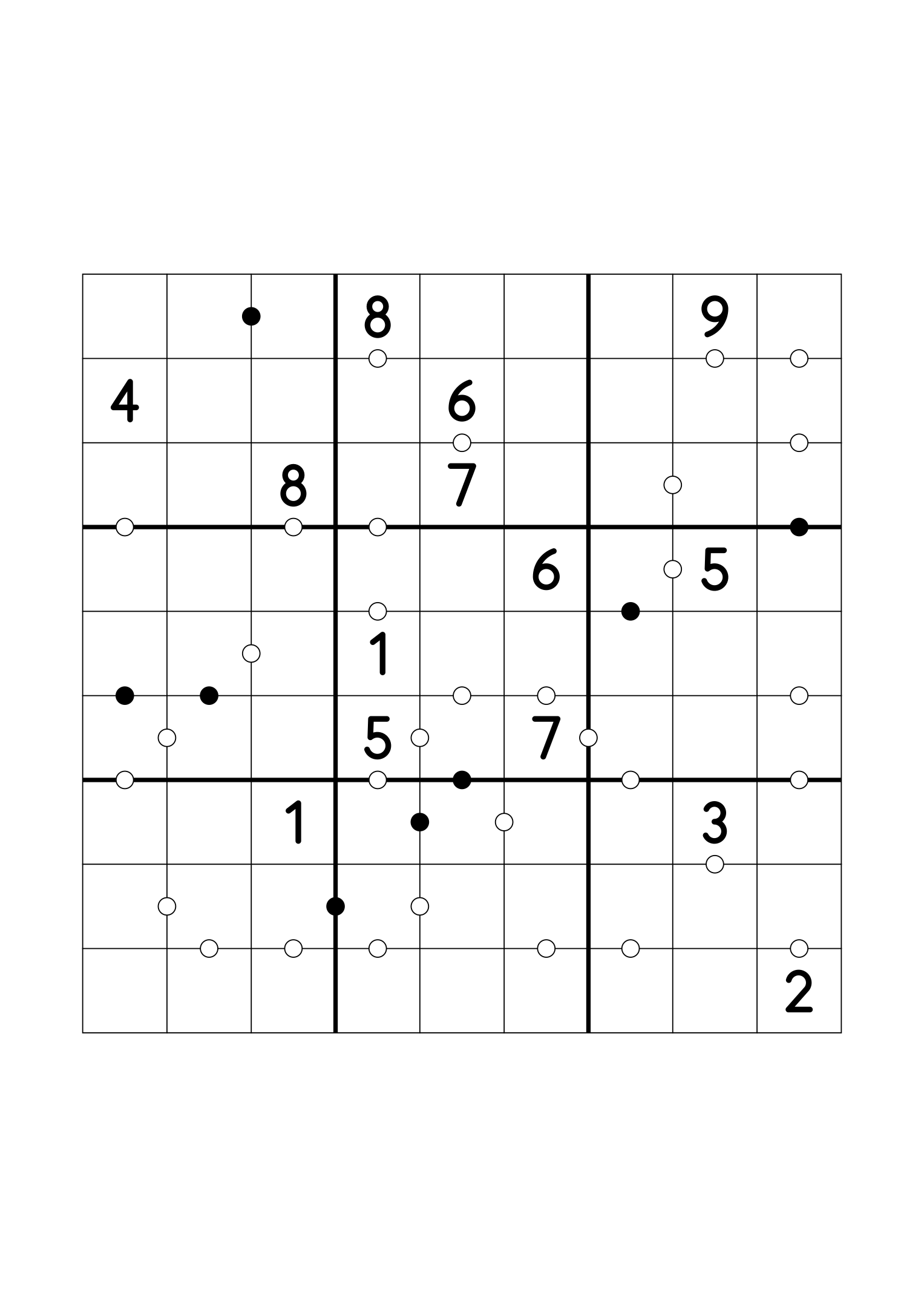Medium 9x9 Kropki sudoku with fourteen given digits. Variant 1.