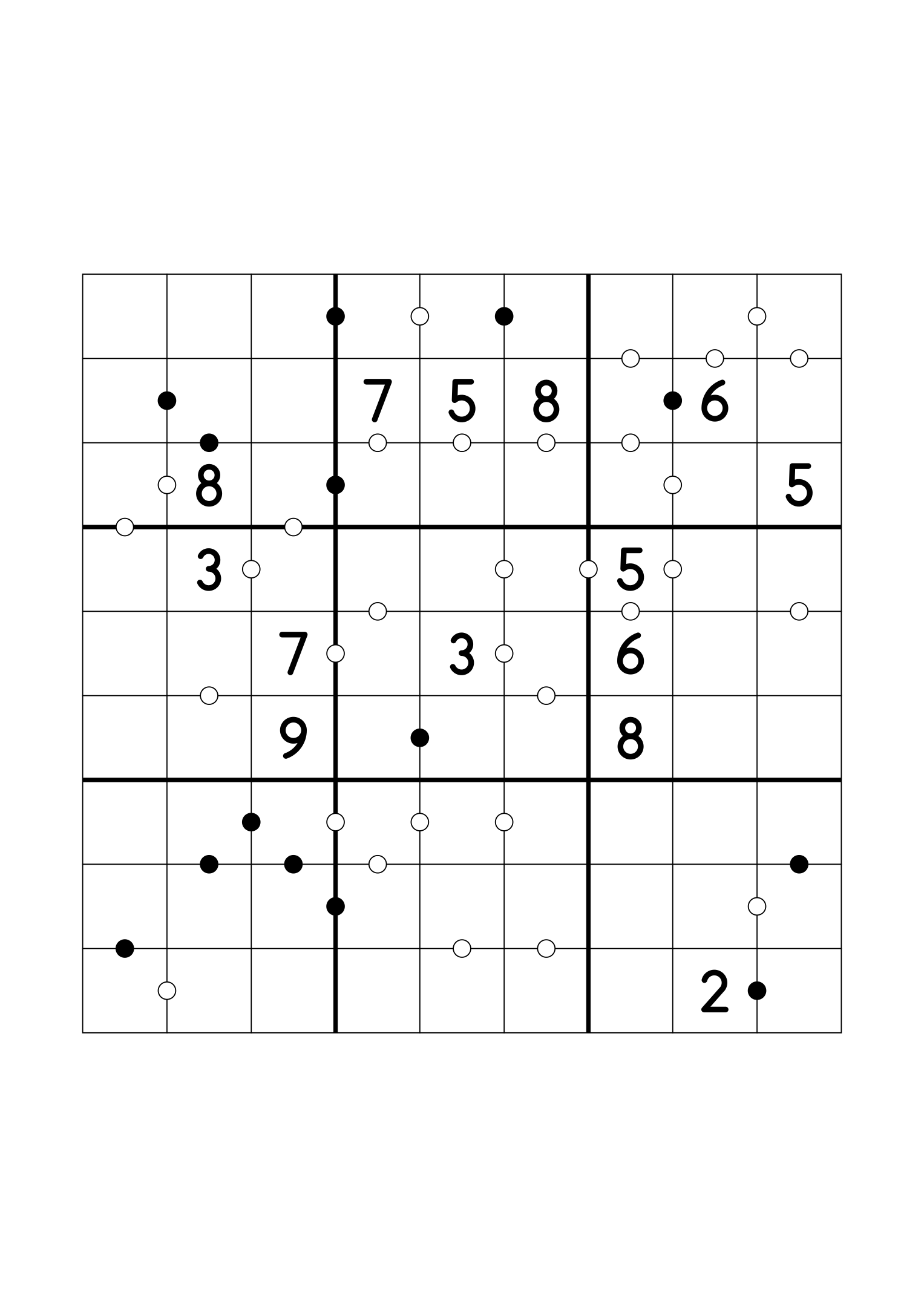 Medium 9x9 Kropki sudoku with fourteen given digits. Variant 2.