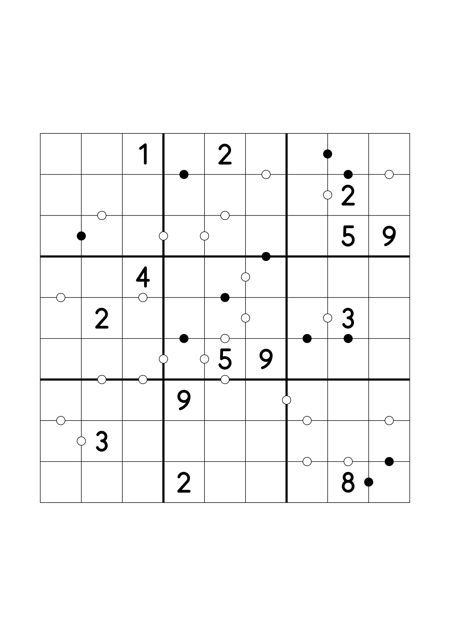 Medium 9x9 Kropki sudoku with fourteen given digits. Variant 3.