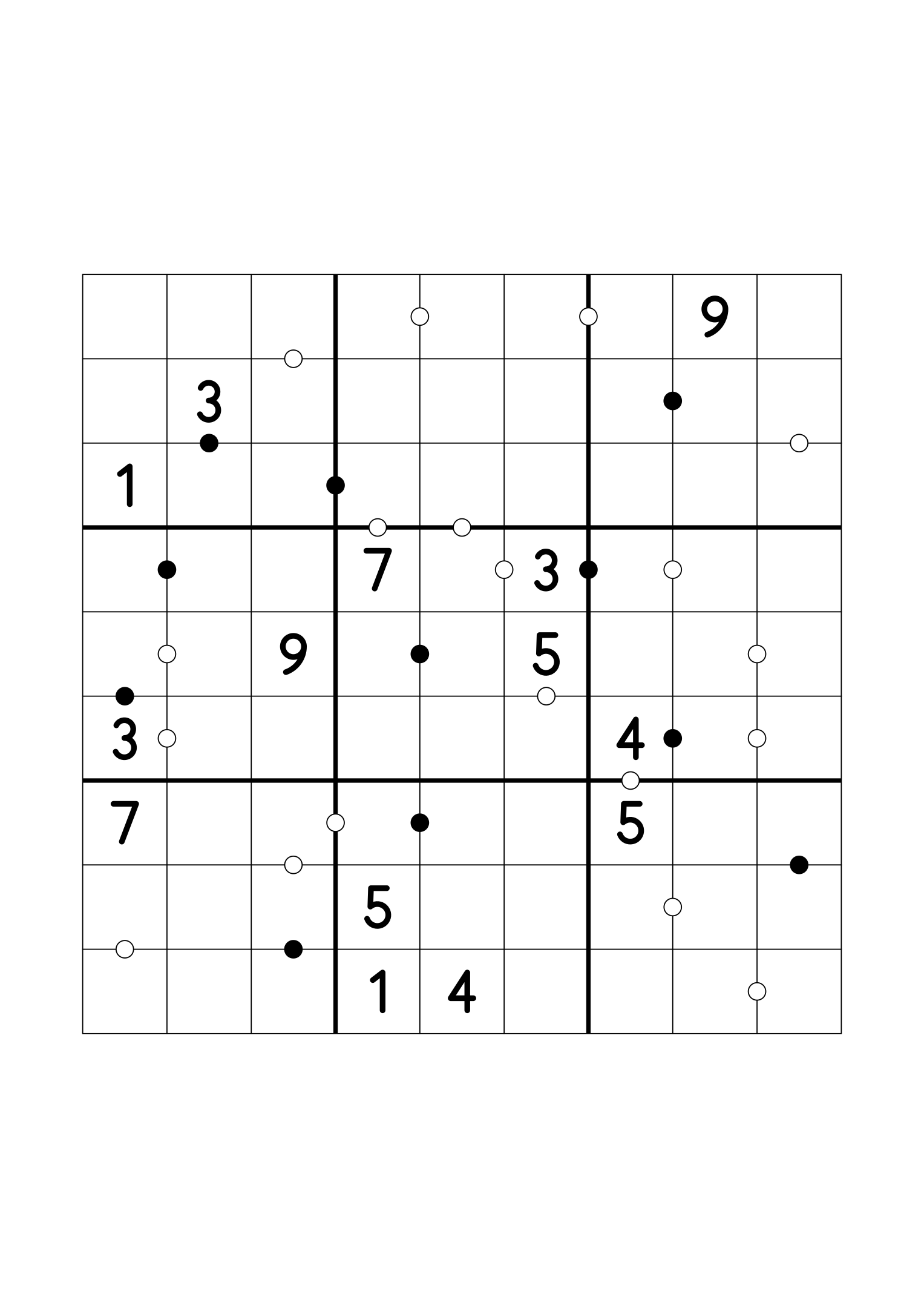 Medium 9x9 Kropki sudoku with fourteen given digits. Variant 4.