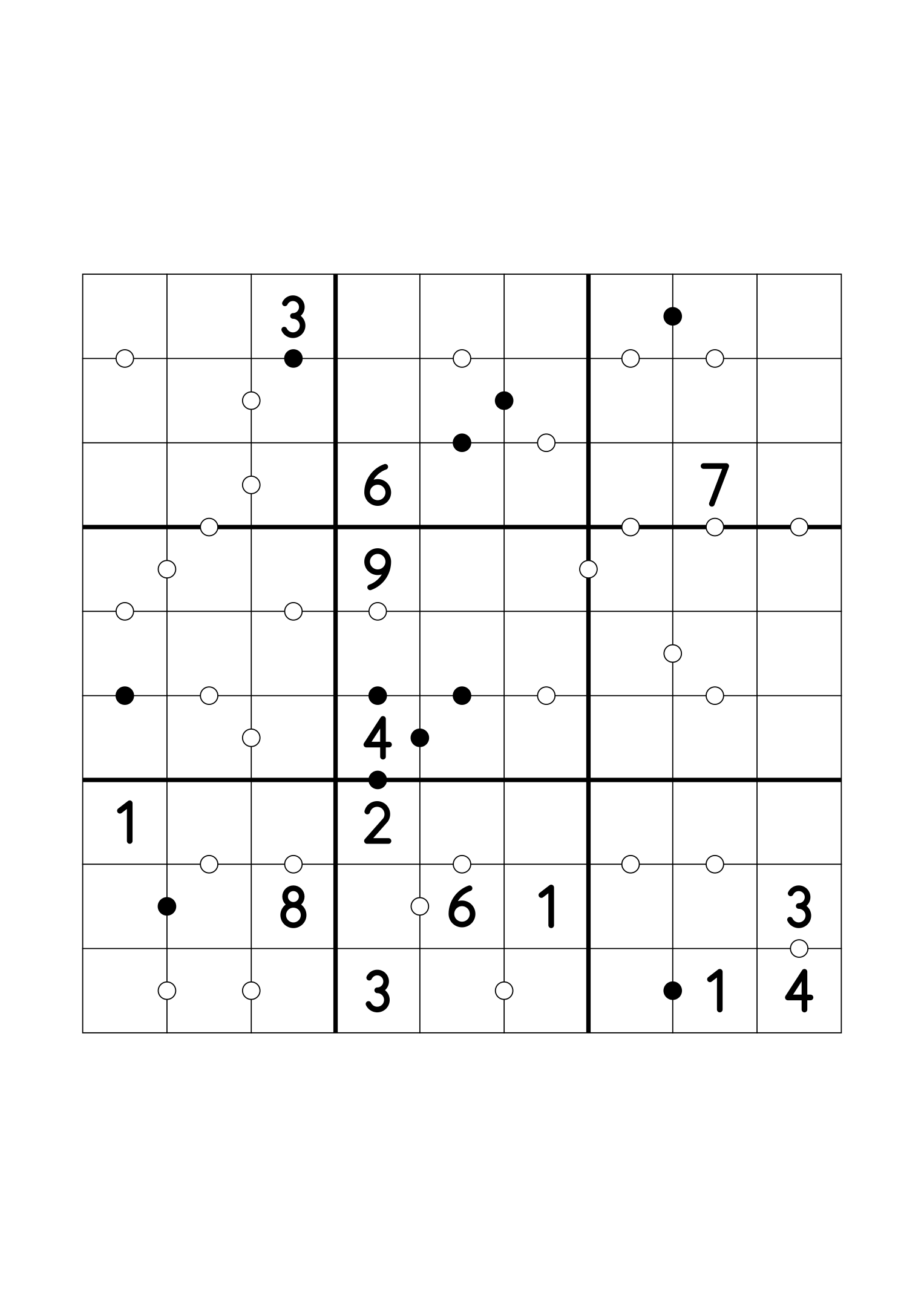 Medium 9x9 Kropki sudoku with fourteen given digits. Variant 5.