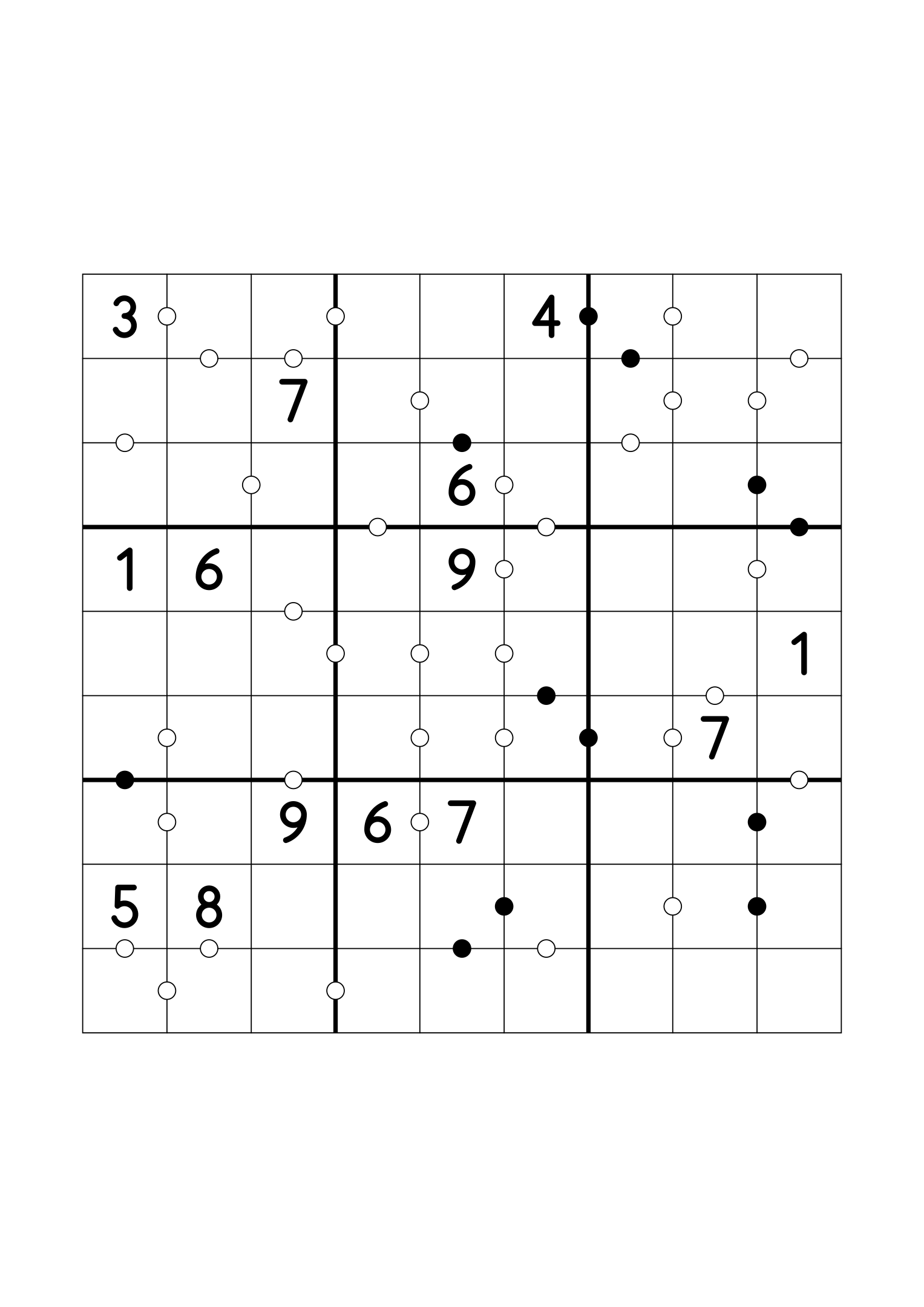 Medium 9x9 Kropki sudoku with fourteen given digits. Variant 6.