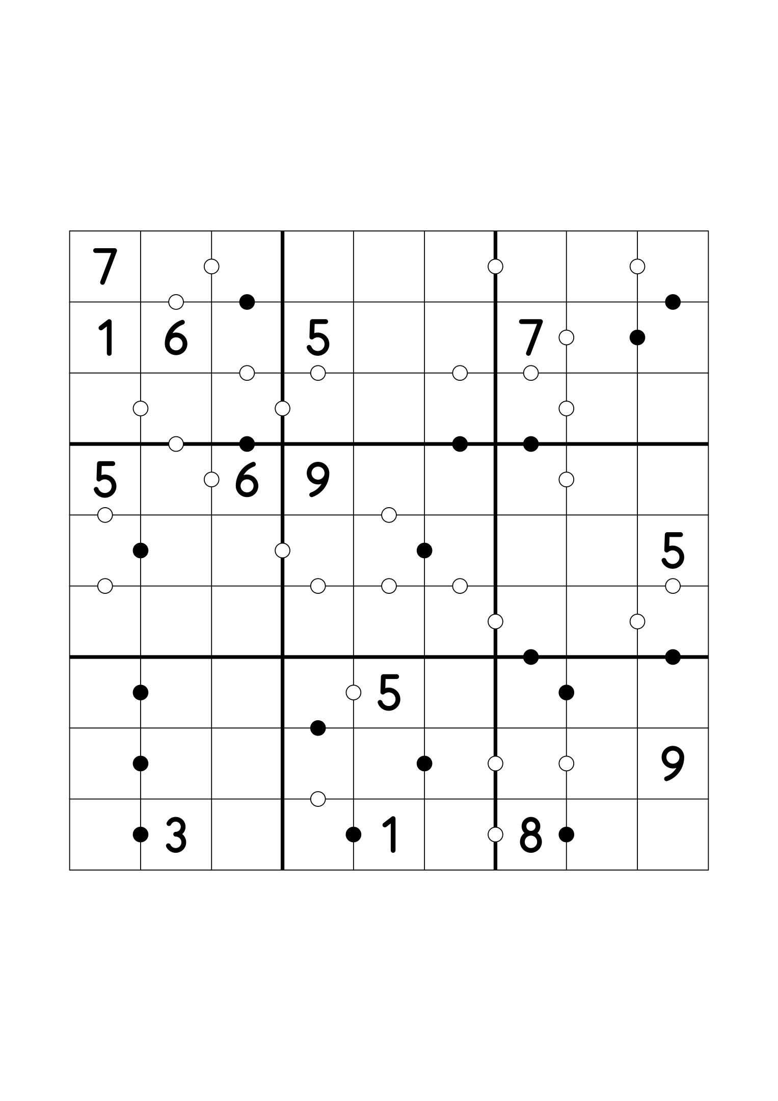 Medium 9x9 Kropki sudoku with fourteen given digits. Variant 7.