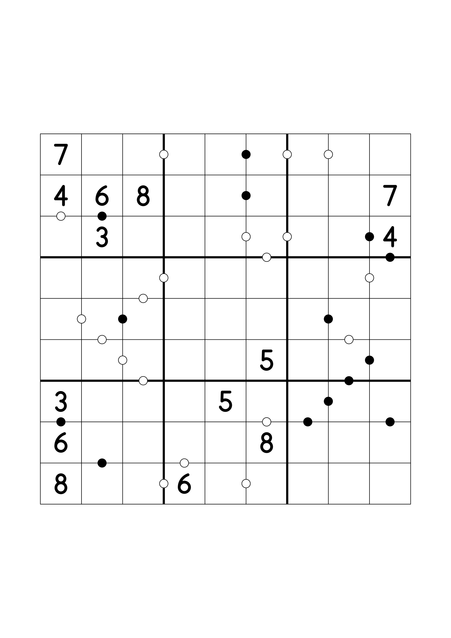 Medium 9x9 Kropki sudoku with fourteen given digits. Variant 8.