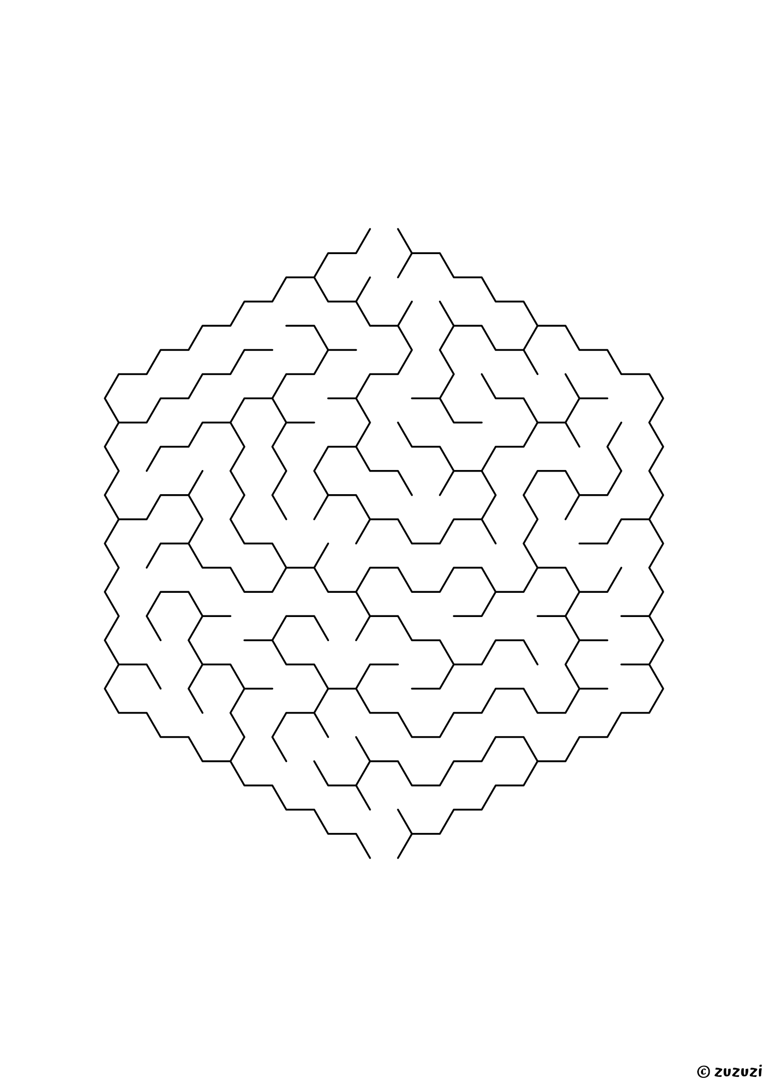 Medium hexagonal maze made of honeycomb cells, black-and-white lines, designed for kids ready to practice problem-solving, variant 1.
