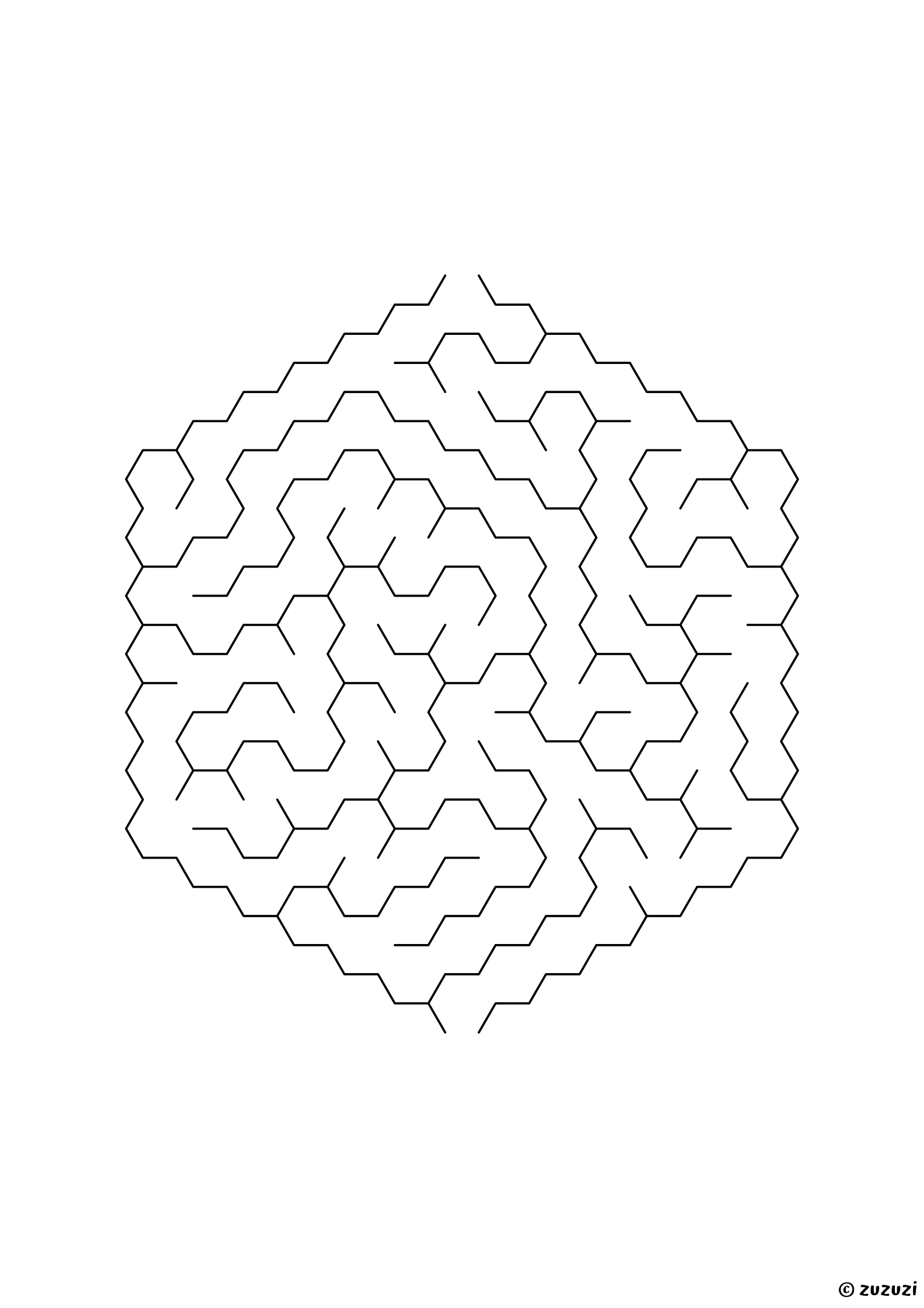 Medium hexagonal maze made of honeycomb cells, black-and-white lines, designed for kids ready to practice problem-solving, variant 2.