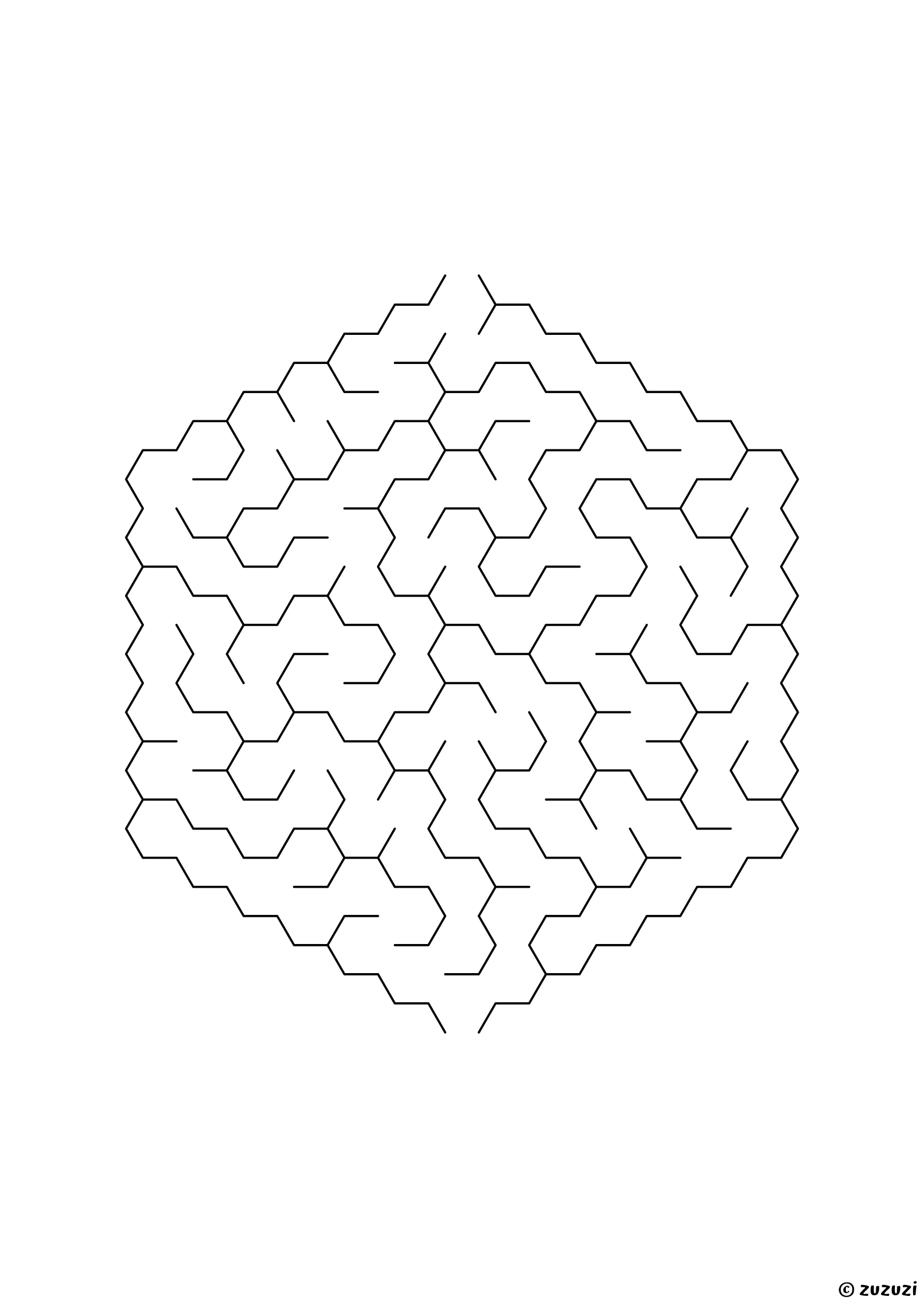 Medium hexagonal maze made of honeycomb cells, black-and-white lines, designed for kids ready to practice problem-solving, variant 3.