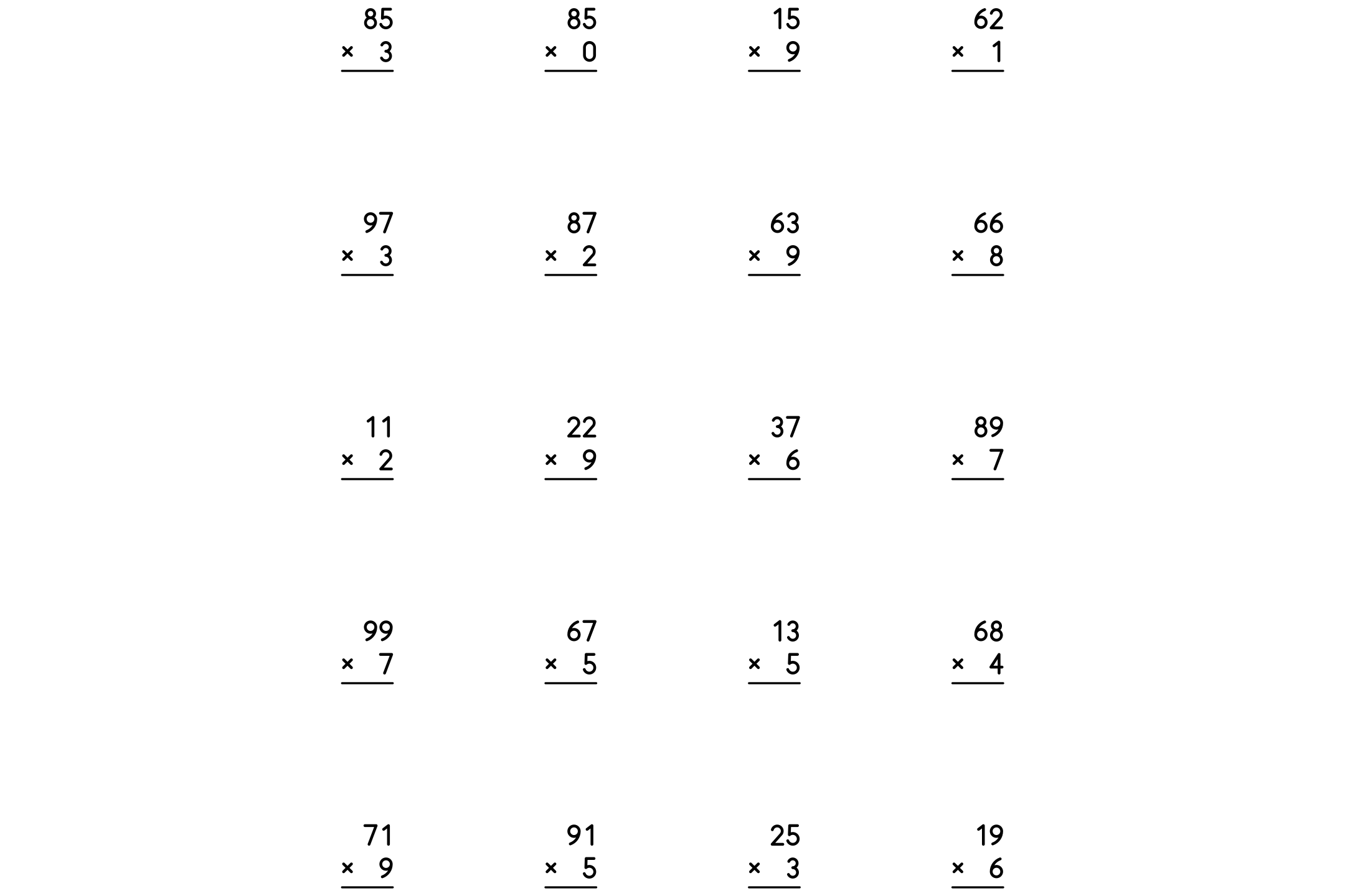 Vertical multiplication problems with two-digit numbers, each with a line underneath for the answer, in black and white.
